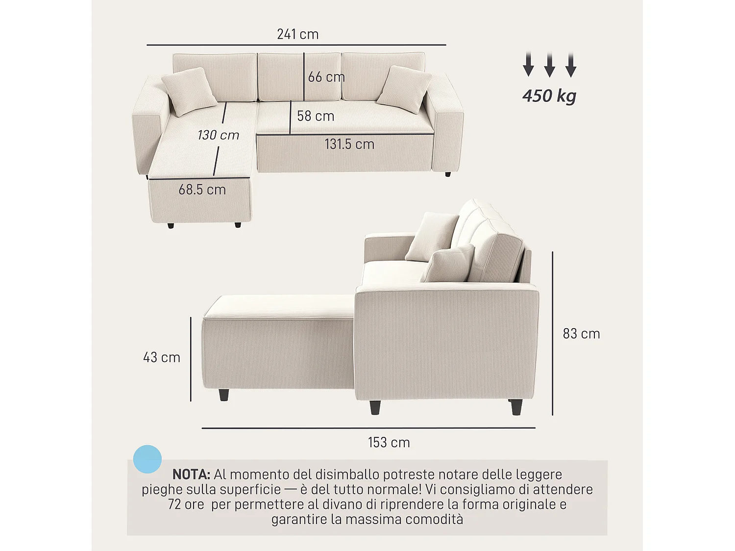 Divano con penisola a 3 posti in tessuto effetto velluto bianco crema