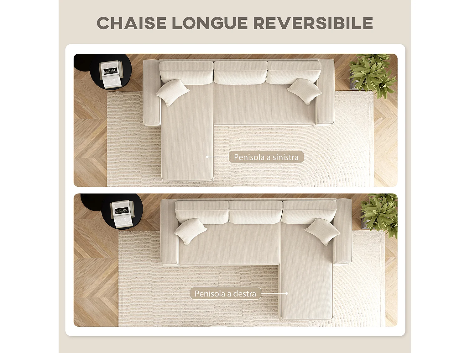 Divano con penisola a 3 posti in tessuto effetto velluto bianco crema