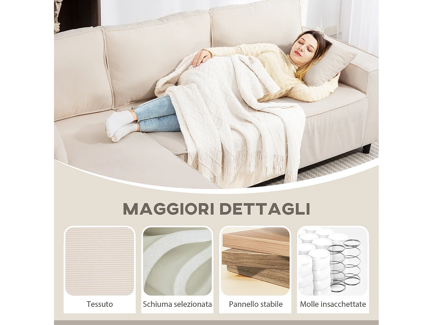 Divano con penisola a 3 posti in tessuto effetto velluto bianco crema