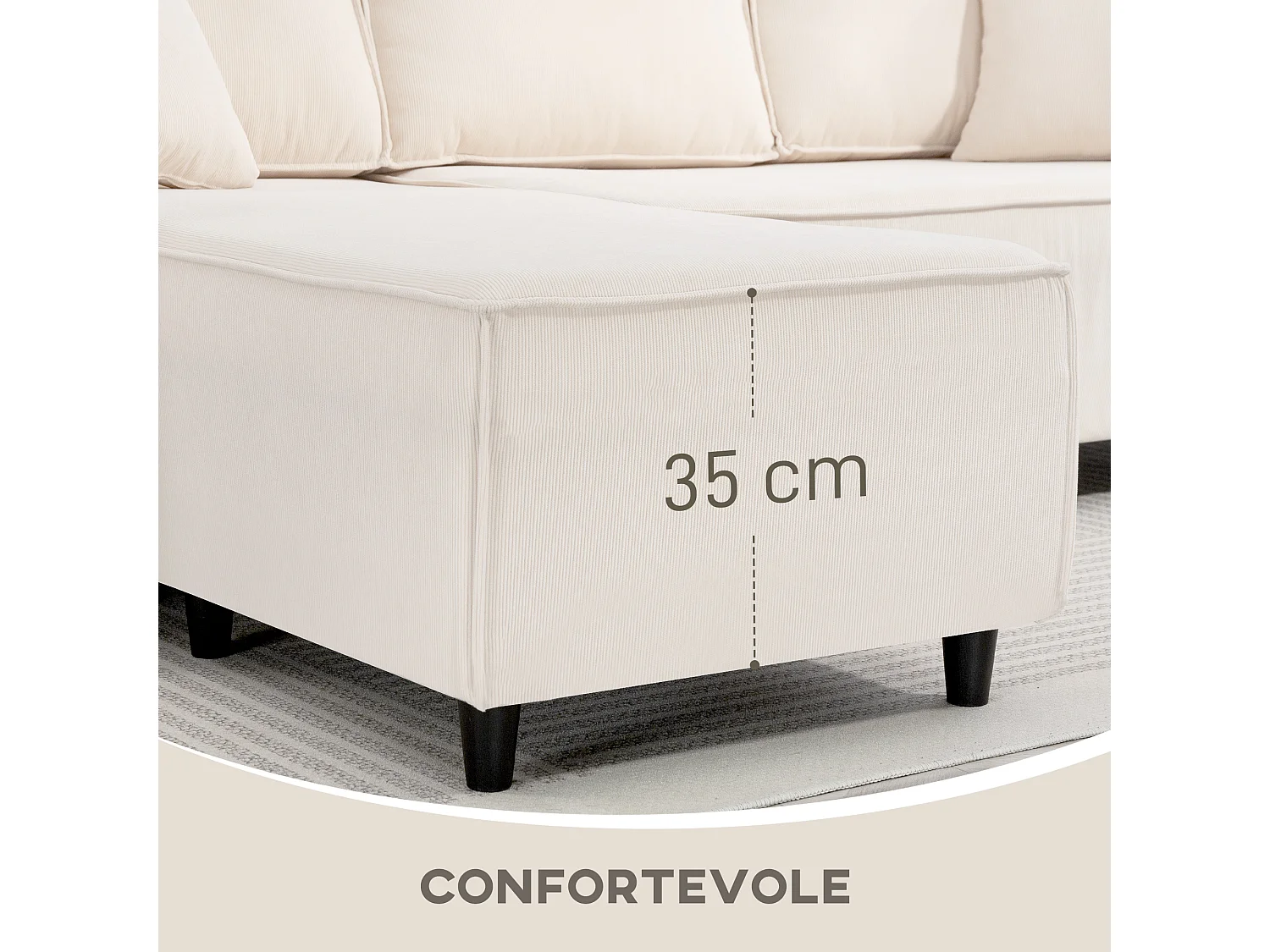 Divano con penisola a 3 posti in tessuto effetto velluto bianco crema