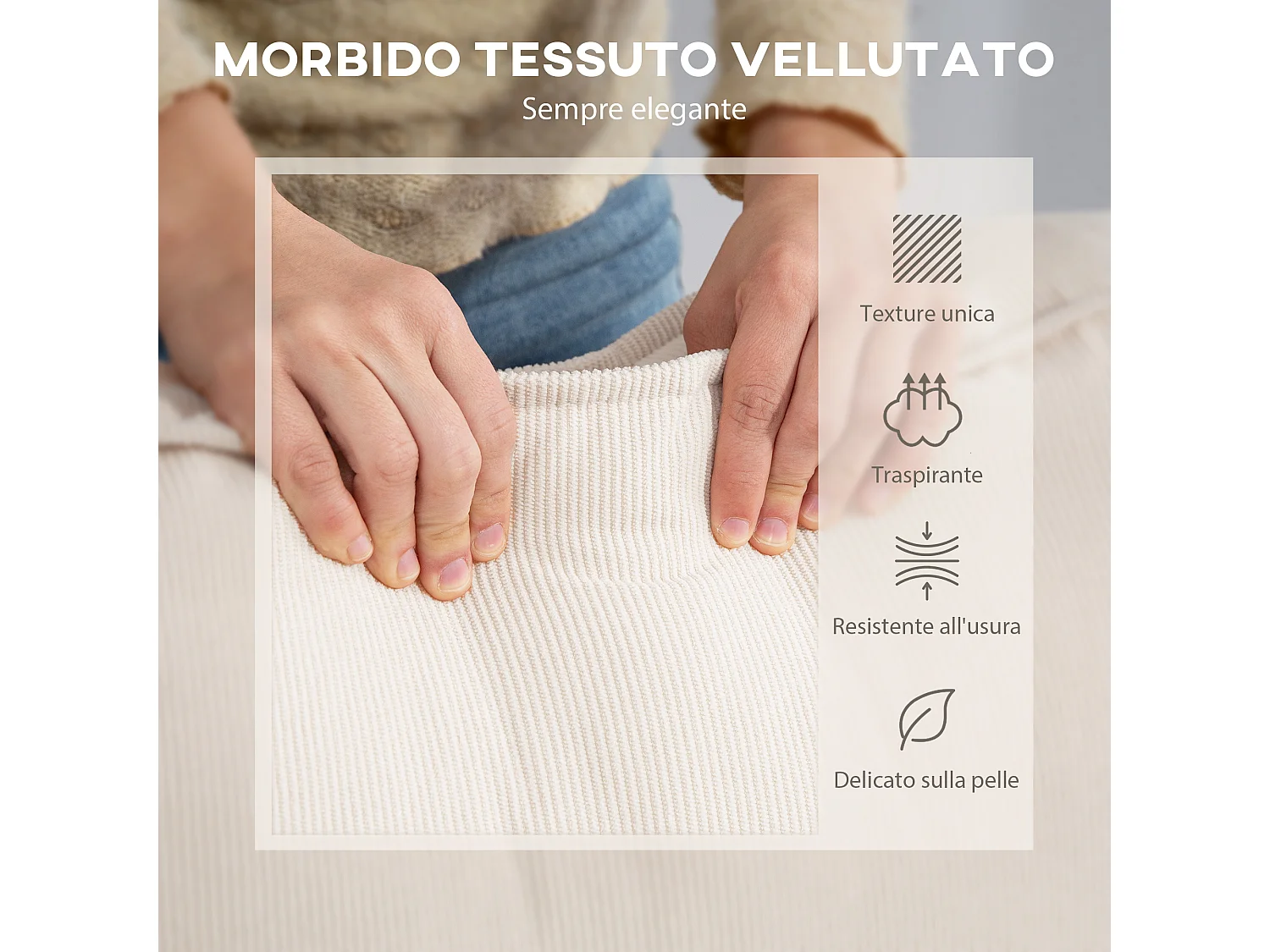 Divano con penisola a 3 posti in tessuto effetto velluto bianco crema