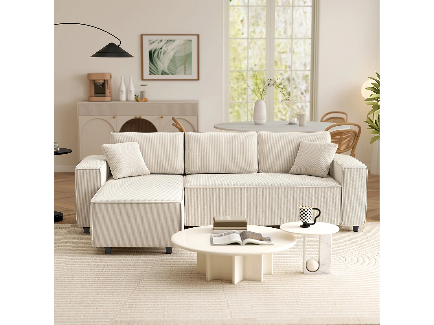 Divano con penisola a 3 posti in tessuto effetto velluto bianco crema