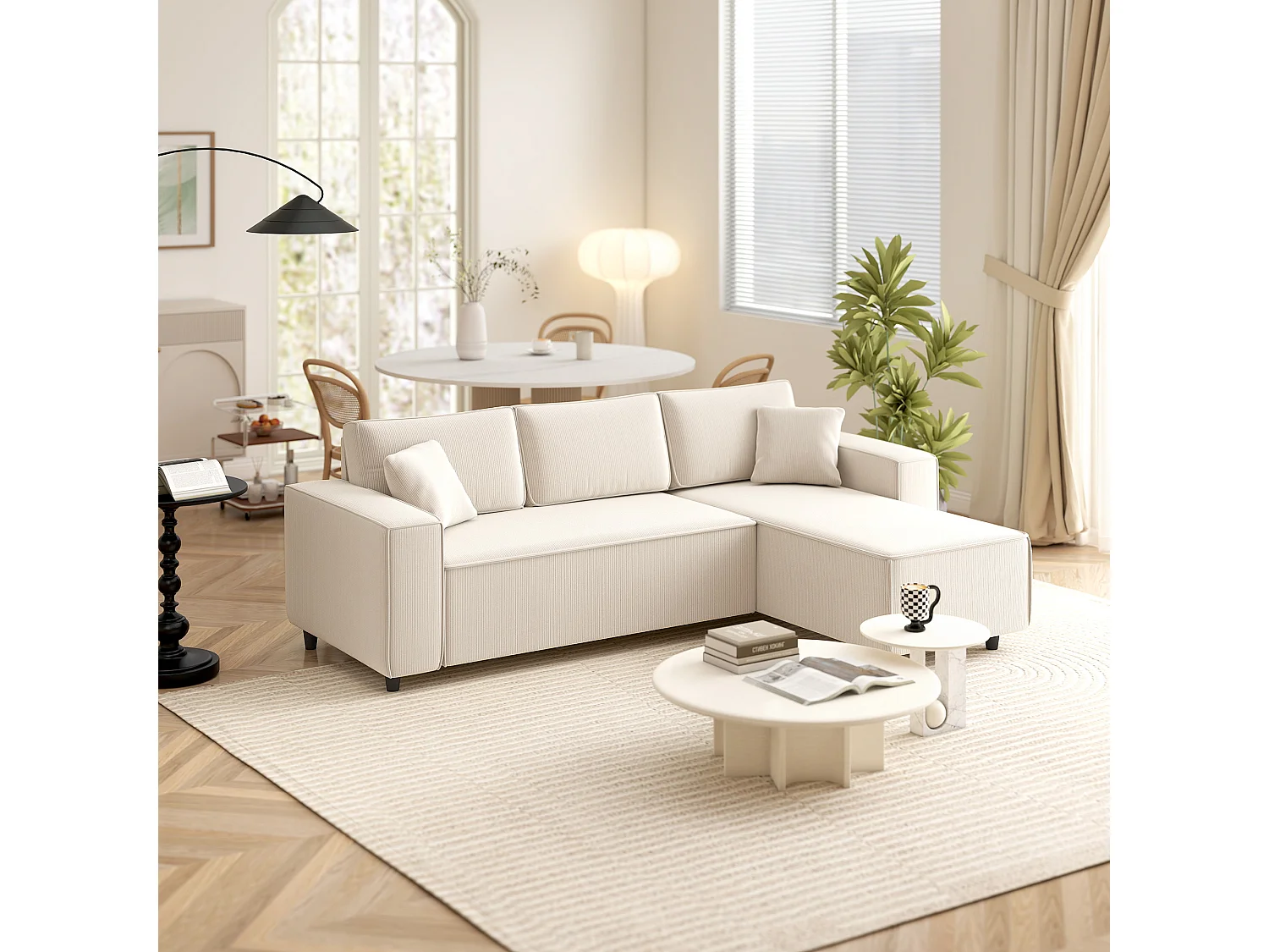 Divano con penisola a 3 posti in tessuto effetto velluto bianco crema