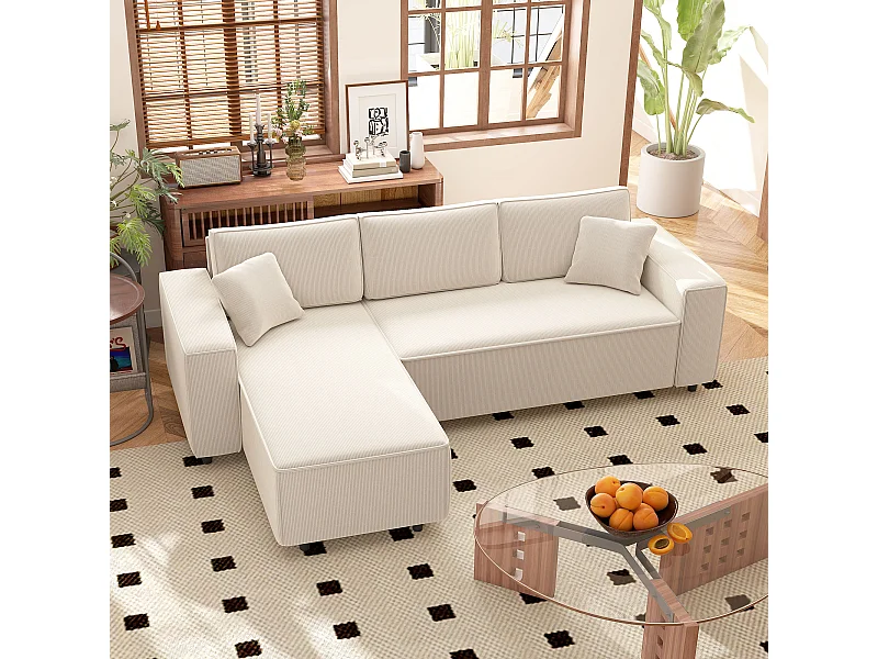 Divano con penisola a 3 posti in tessuto effetto velluto bianco crema