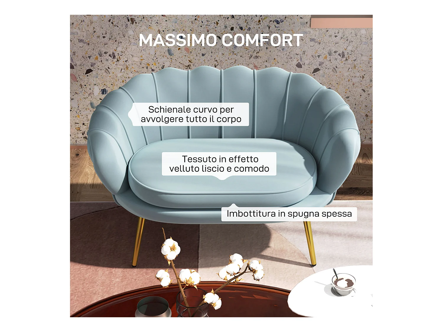 Divano vintage 2 posti stile industrial chic effetto velluto azzurro