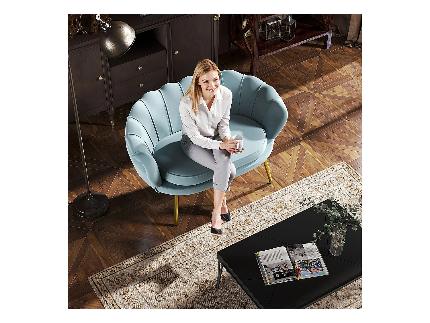 Divano vintage 2 posti stile industrial chic effetto velluto azzurro