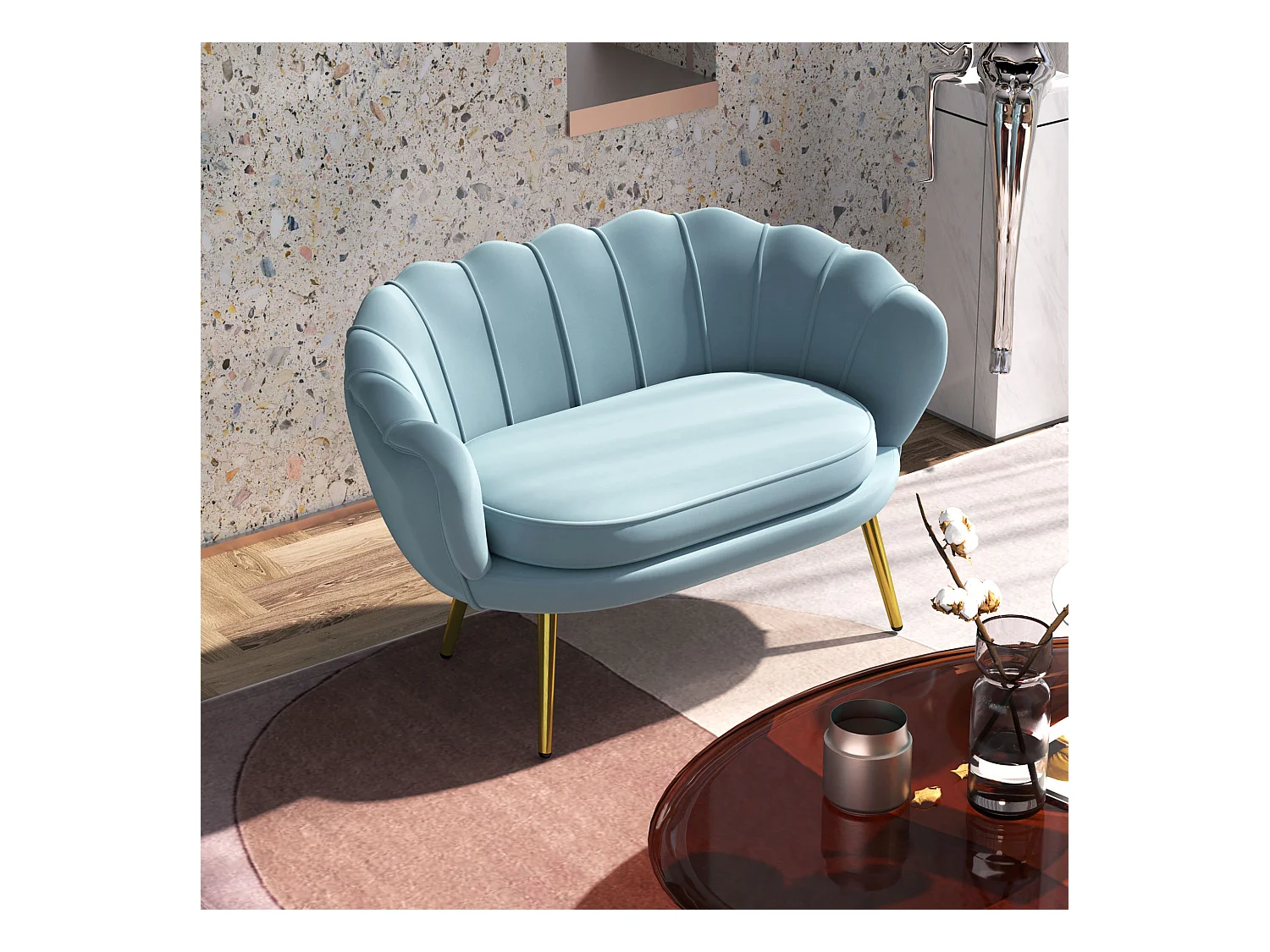 Divano vintage 2 posti stile industrial chic effetto velluto azzurro