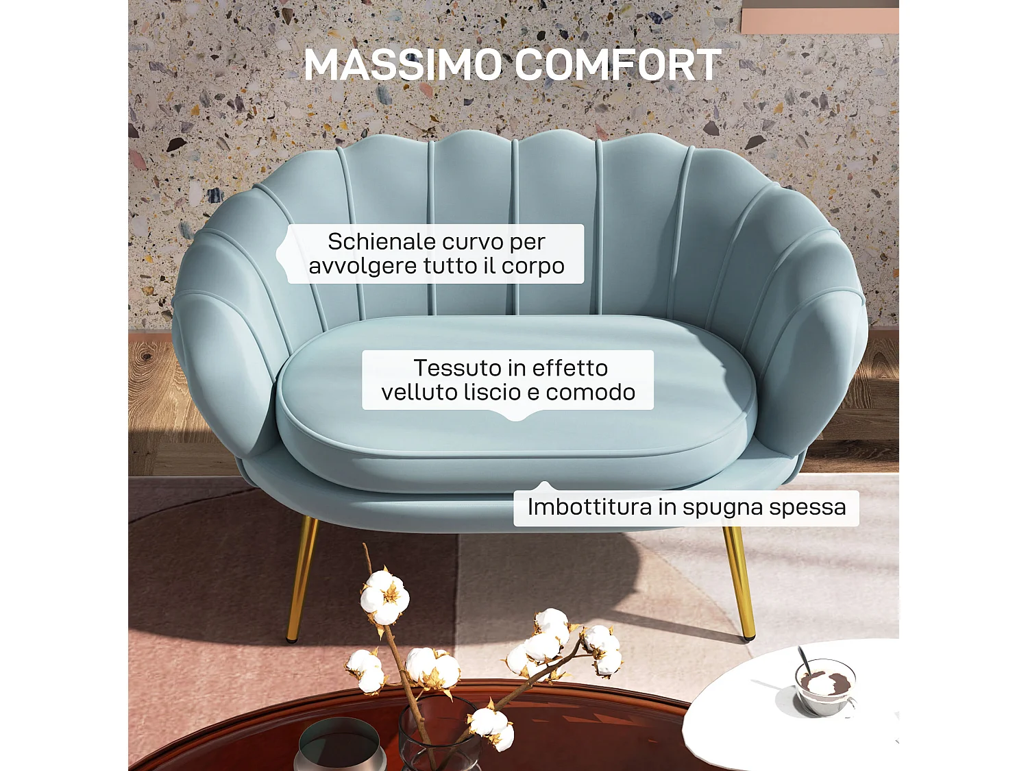 Divano vintage 2 posti stile industrial chic effetto velluto azzurro