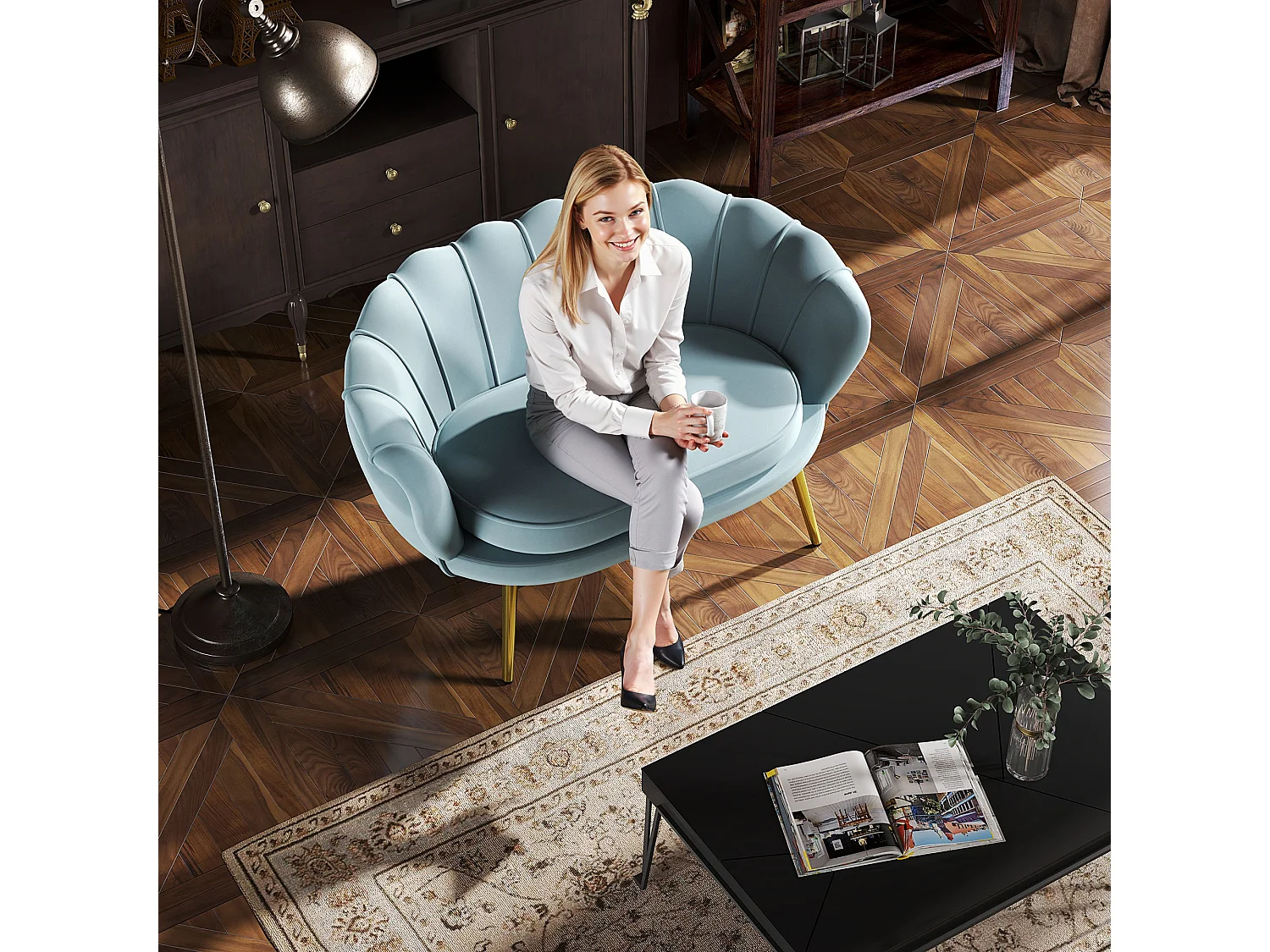 Divano vintage 2 posti stile industrial chic effetto velluto azzurro