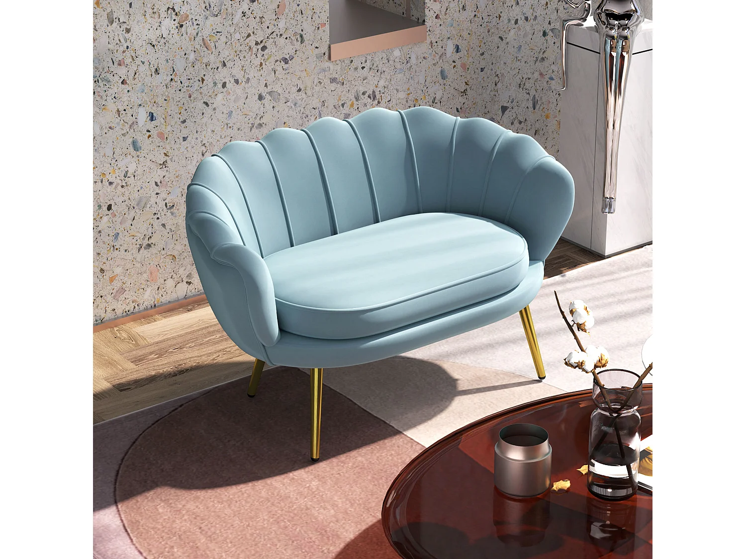 Divano vintage 2 posti stile industrial chic effetto velluto azzurro