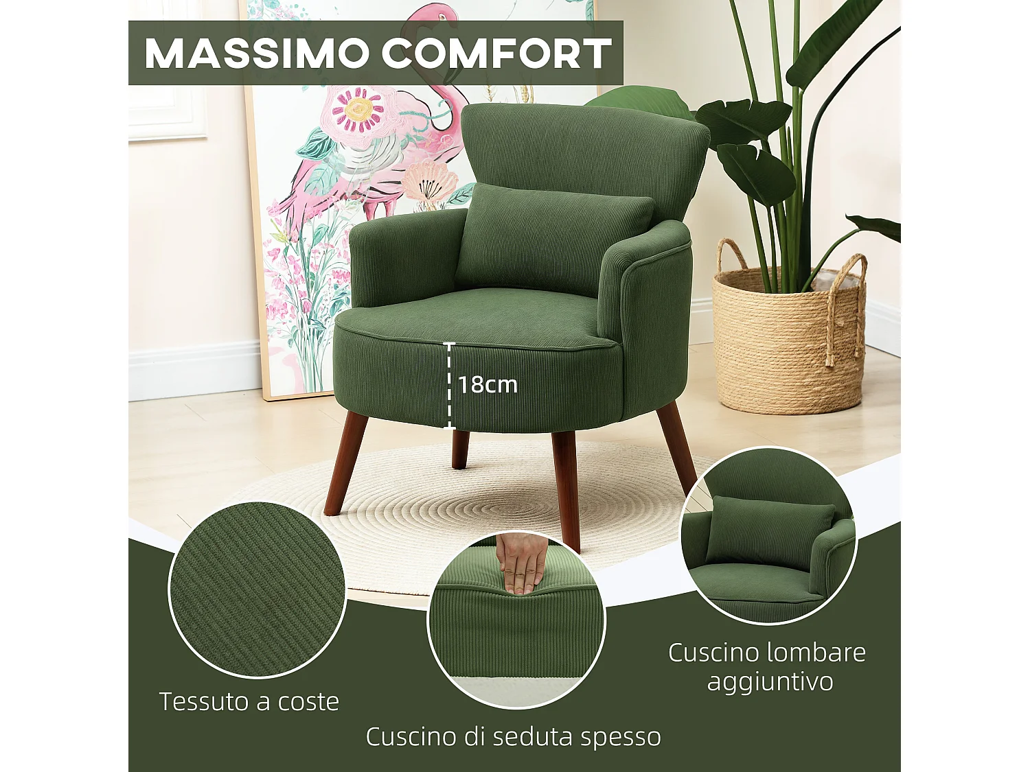 Poltrona da camera con schienale e cuscino lombare velluto verde