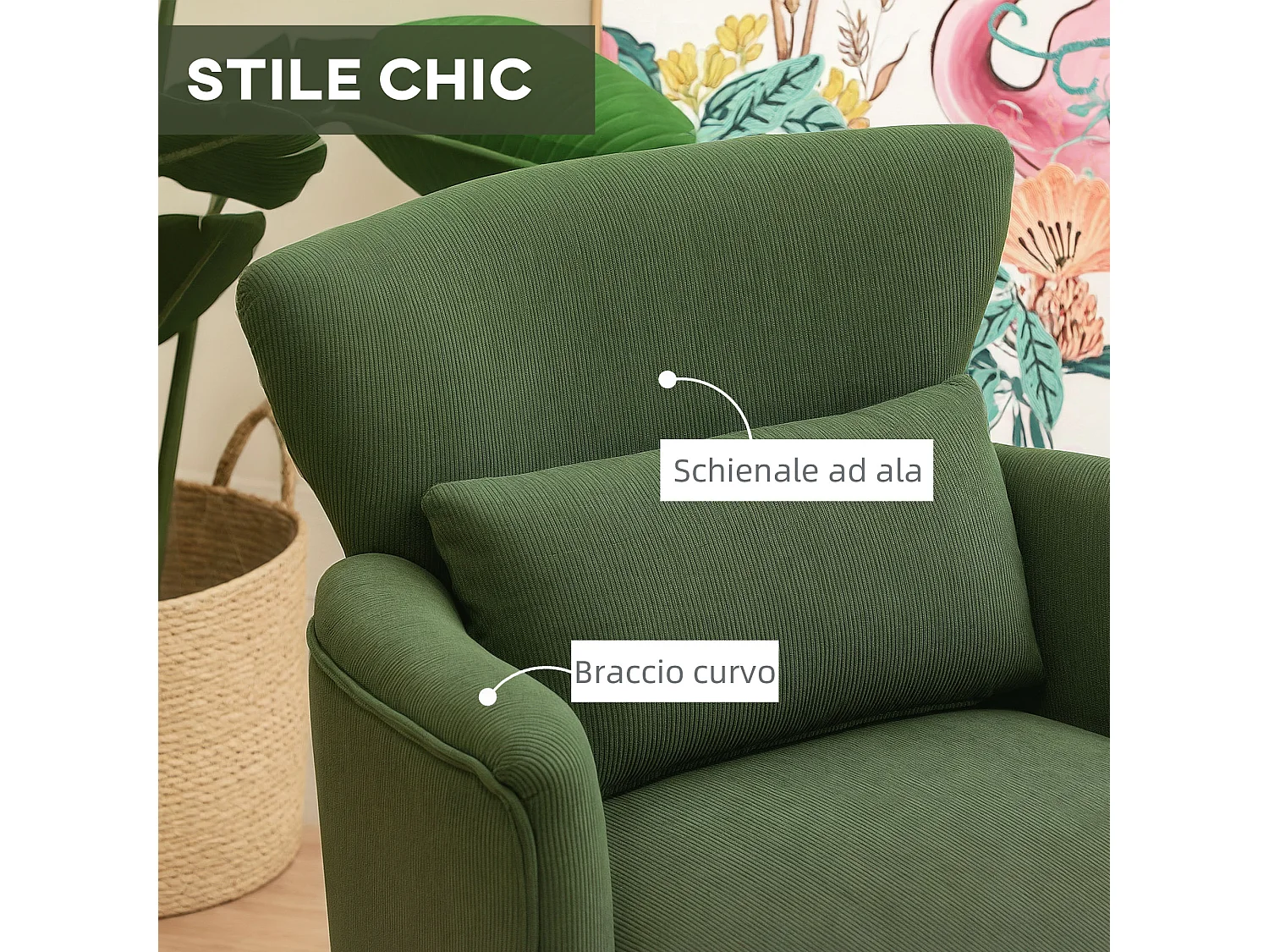 Poltrona da camera con schienale e cuscino lombare velluto verde