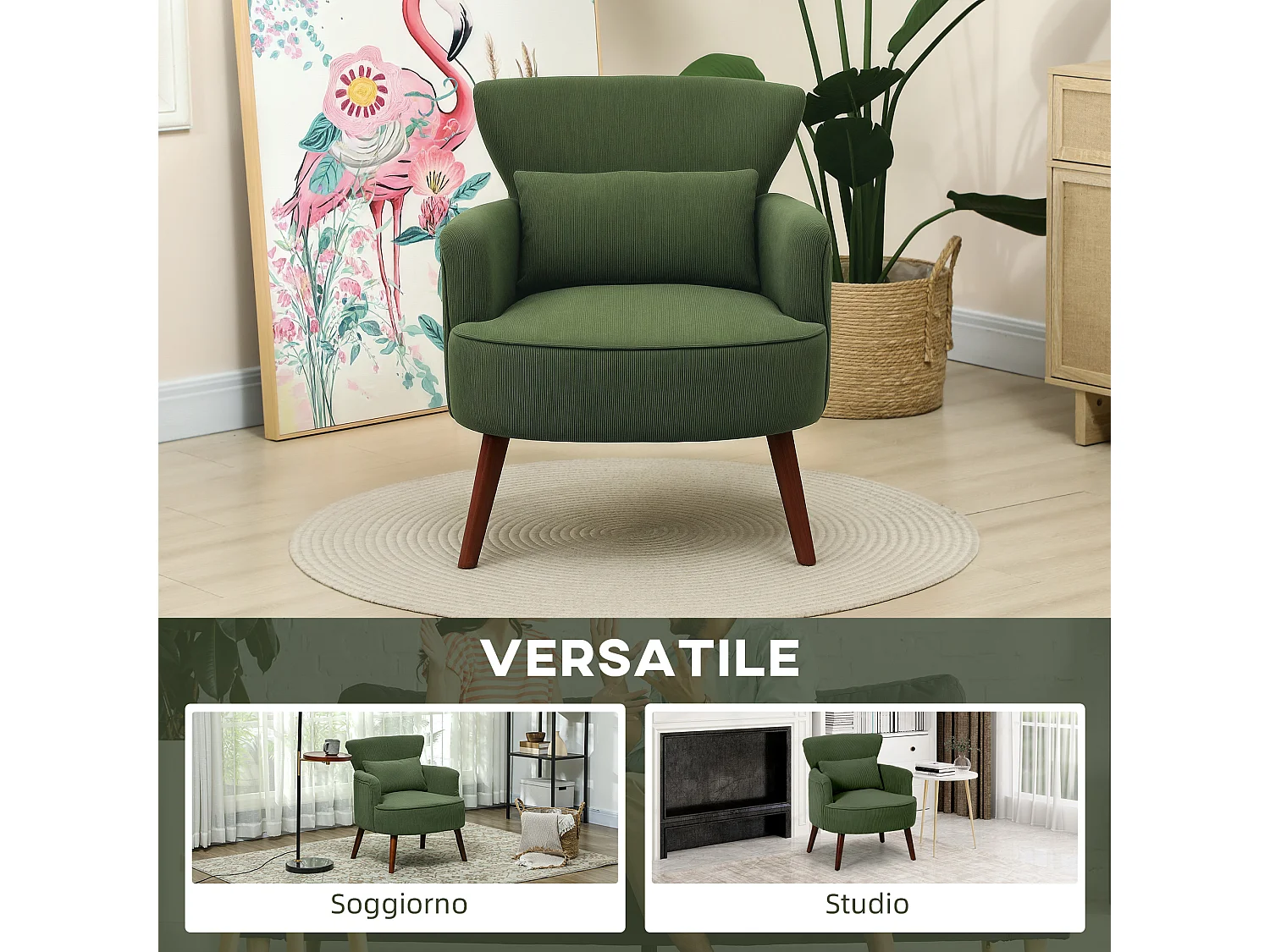 Poltrona da camera con schienale e cuscino lombare velluto verde