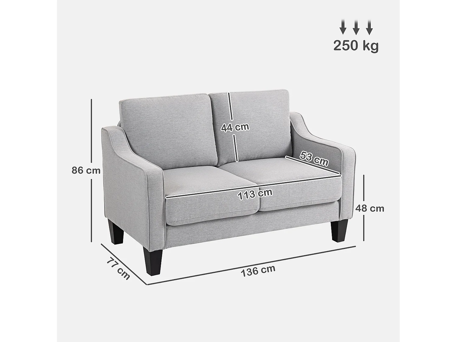 Divano 2 posti moderno in tessuto effetto lino grigio chiaro