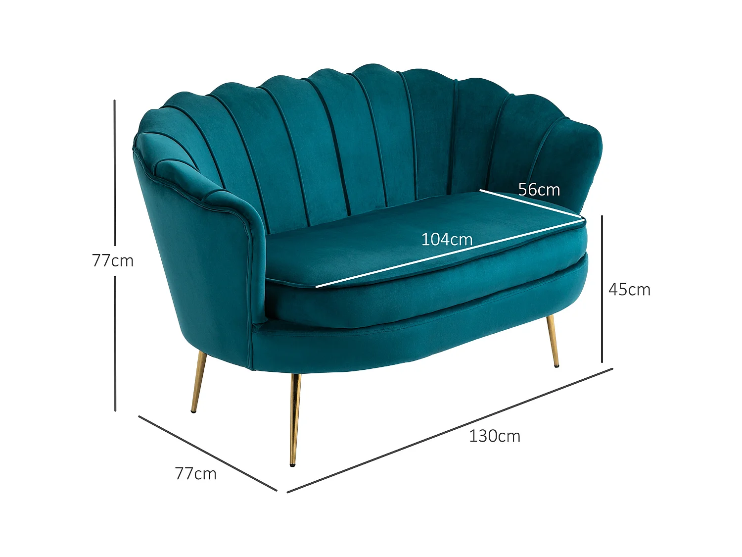 Divano 2 posti in stile vintage chic in tessuto effetto velluto blu