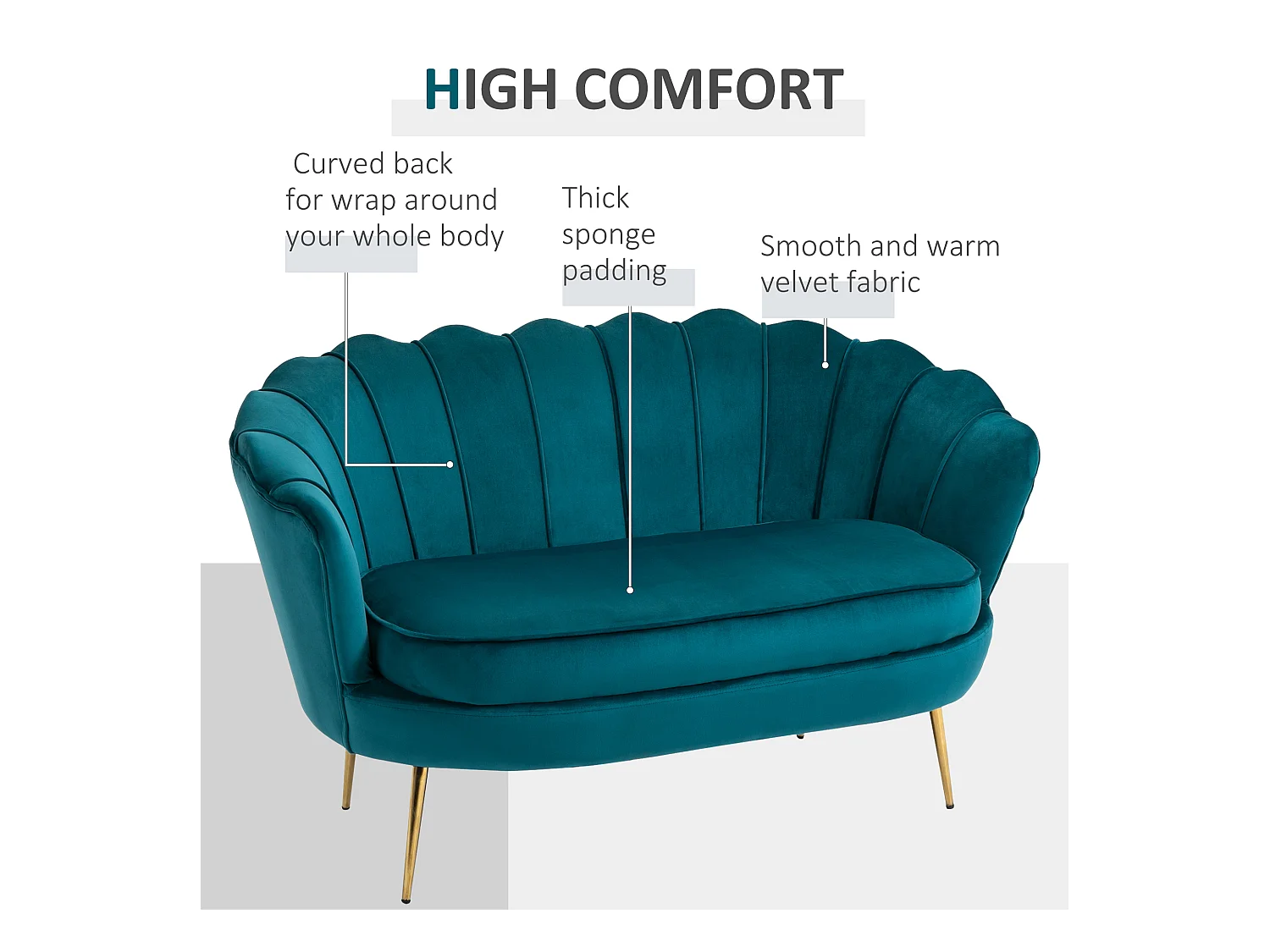 Divano 2 posti in stile vintage chic in tessuto effetto velluto blu