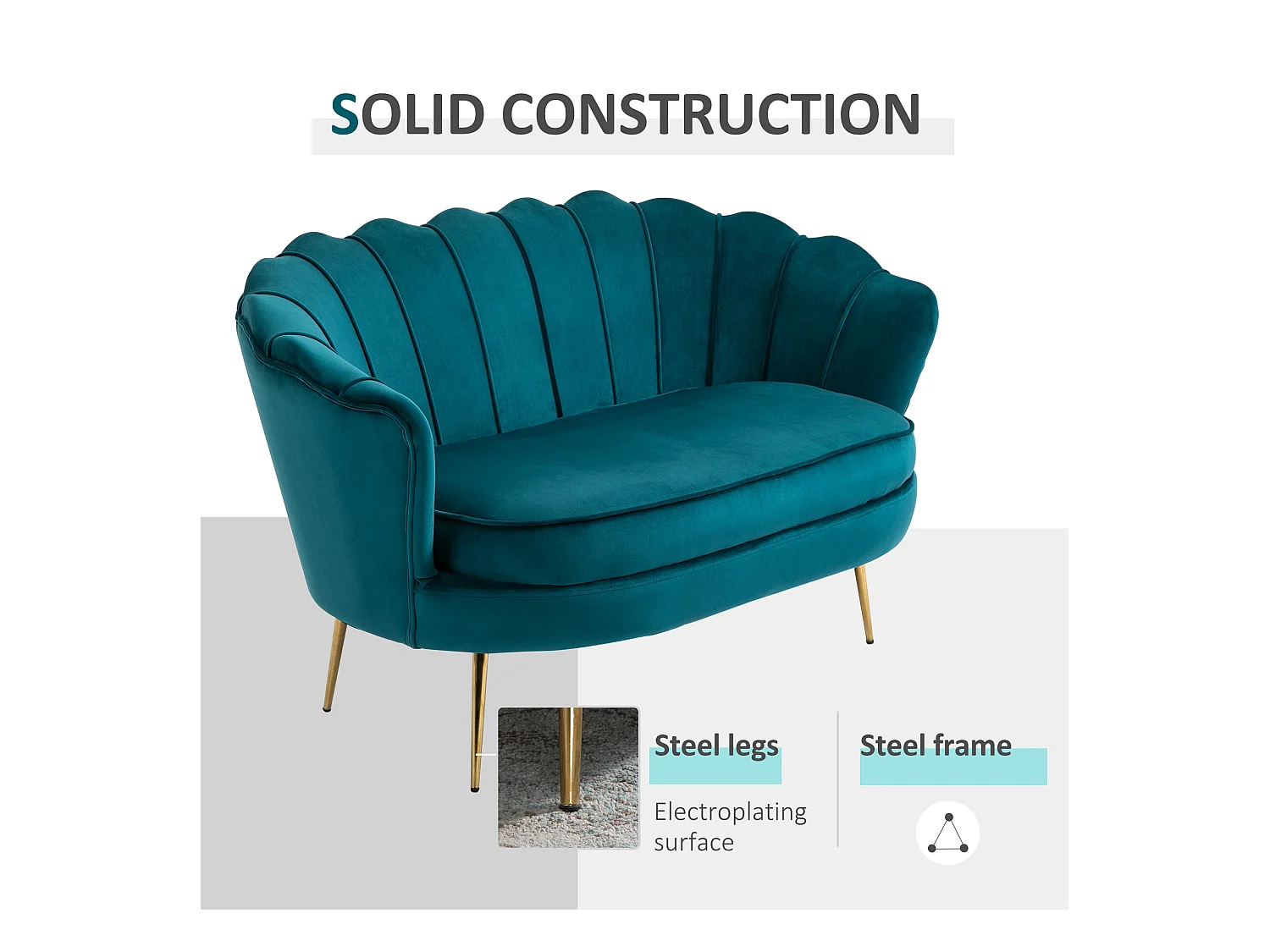 Divano 2 posti in stile vintage chic in tessuto effetto velluto blu