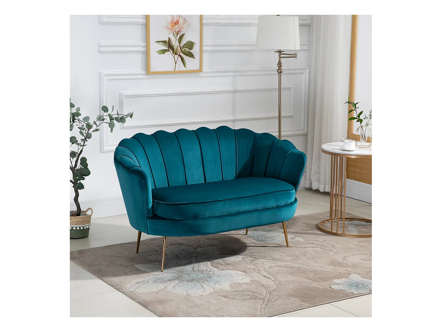 Divano 2 posti in stile vintage chic in tessuto effetto velluto blu