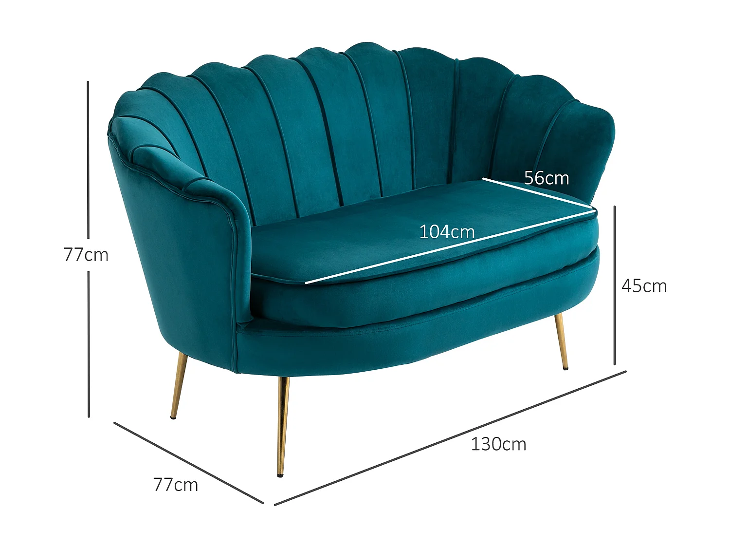 Divano 2 posti in stile vintage chic in tessuto effetto velluto blu