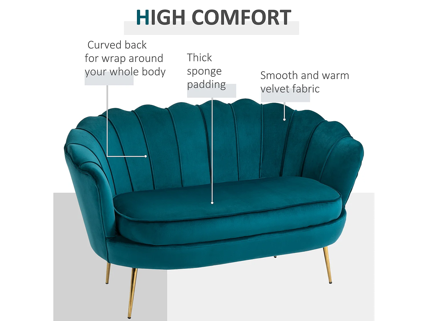 Divano 2 posti in stile vintage chic in tessuto effetto velluto blu