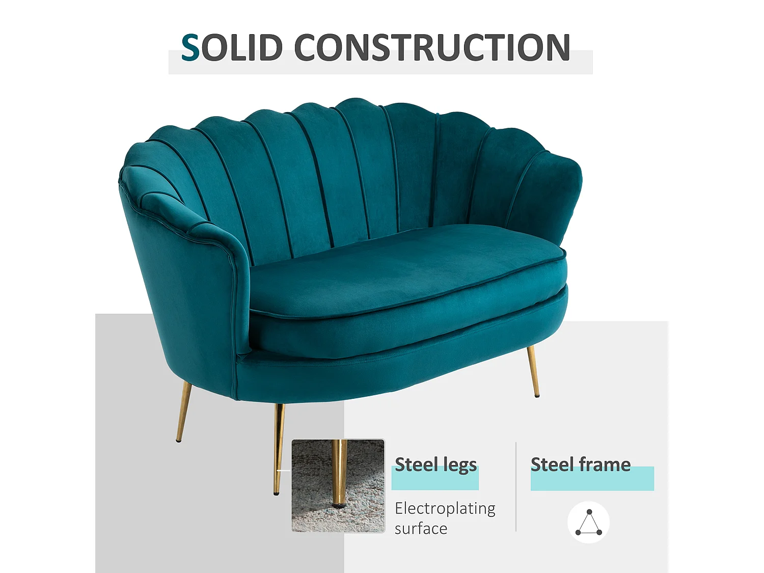 Divano 2 posti in stile vintage chic in tessuto effetto velluto blu