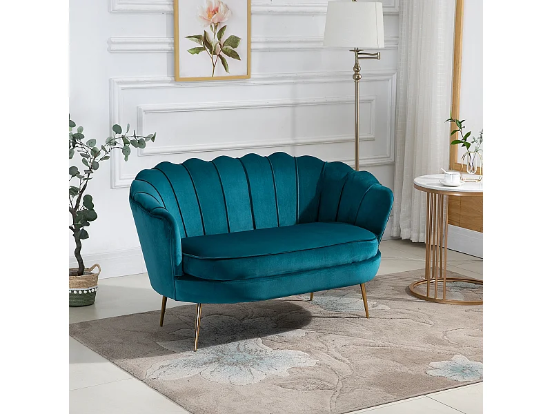 Divano 2 posti in stile vintage chic in tessuto effetto velluto blu