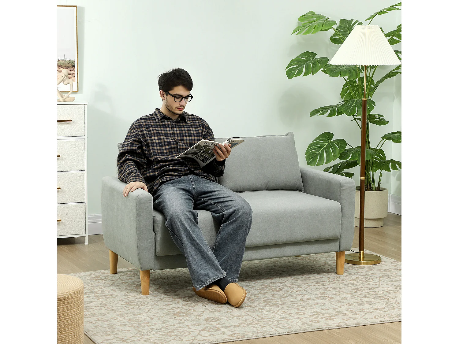 Divanetto 2 posti vellutato con vano portaoggetti inferiore grigio