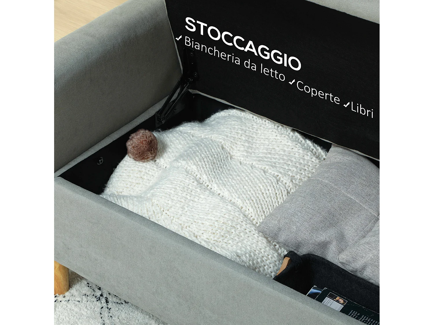 Divanetto 2 posti vellutato con vano portaoggetti inferiore grigio