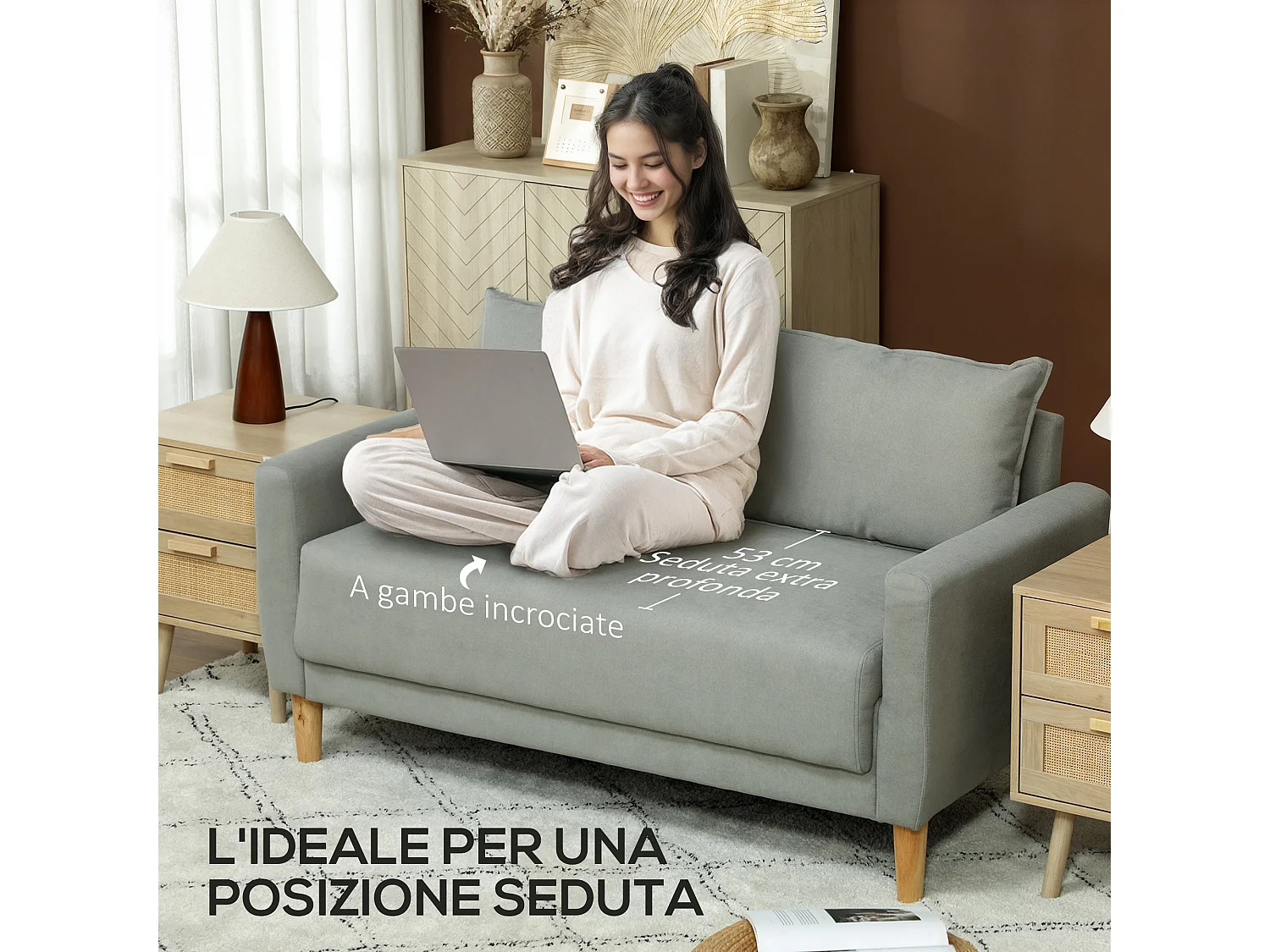 Divanetto 2 posti vellutato con vano portaoggetti inferiore grigio