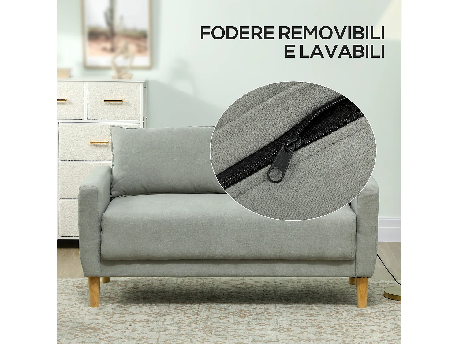 Divanetto 2 posti vellutato con vano portaoggetti inferiore grigio