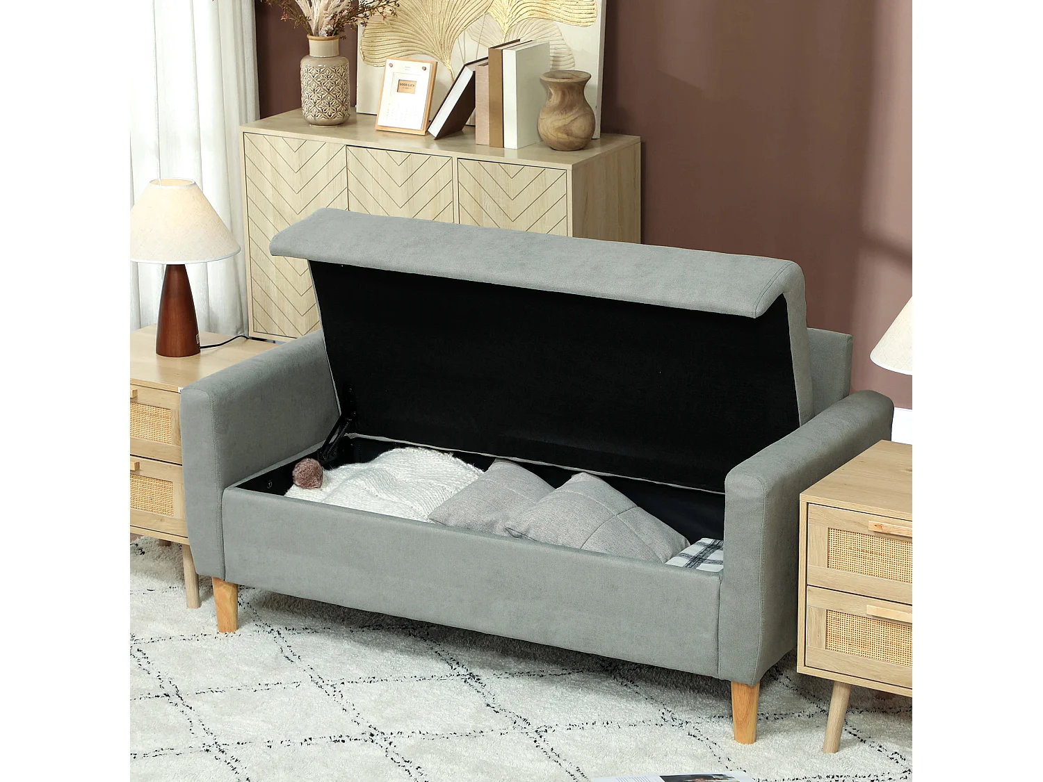 Divanetto 2 posti vellutato con vano portaoggetti inferiore grigio