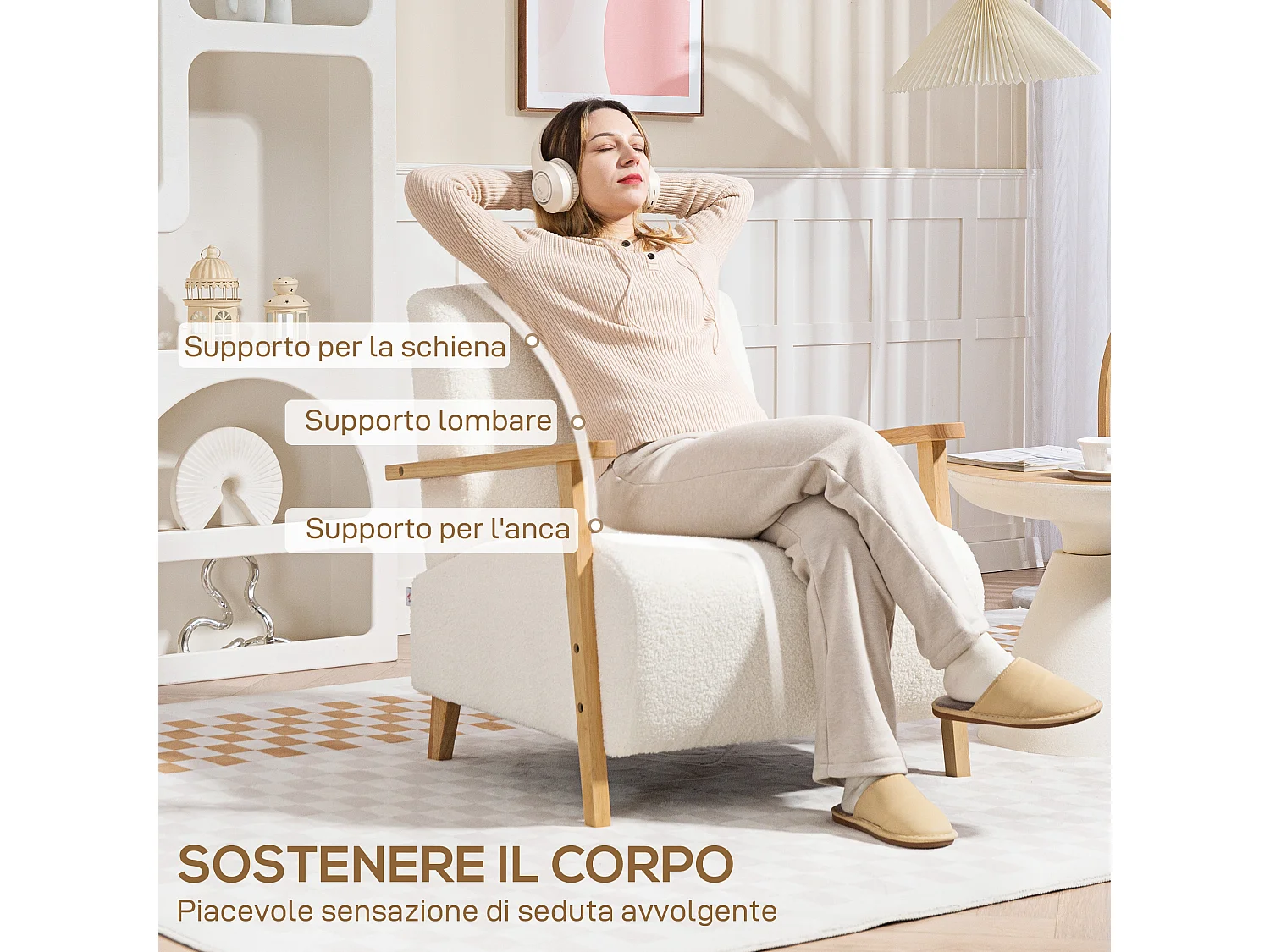 Poltrona da salotto stile nordico in tessuto sherpa e legno crema