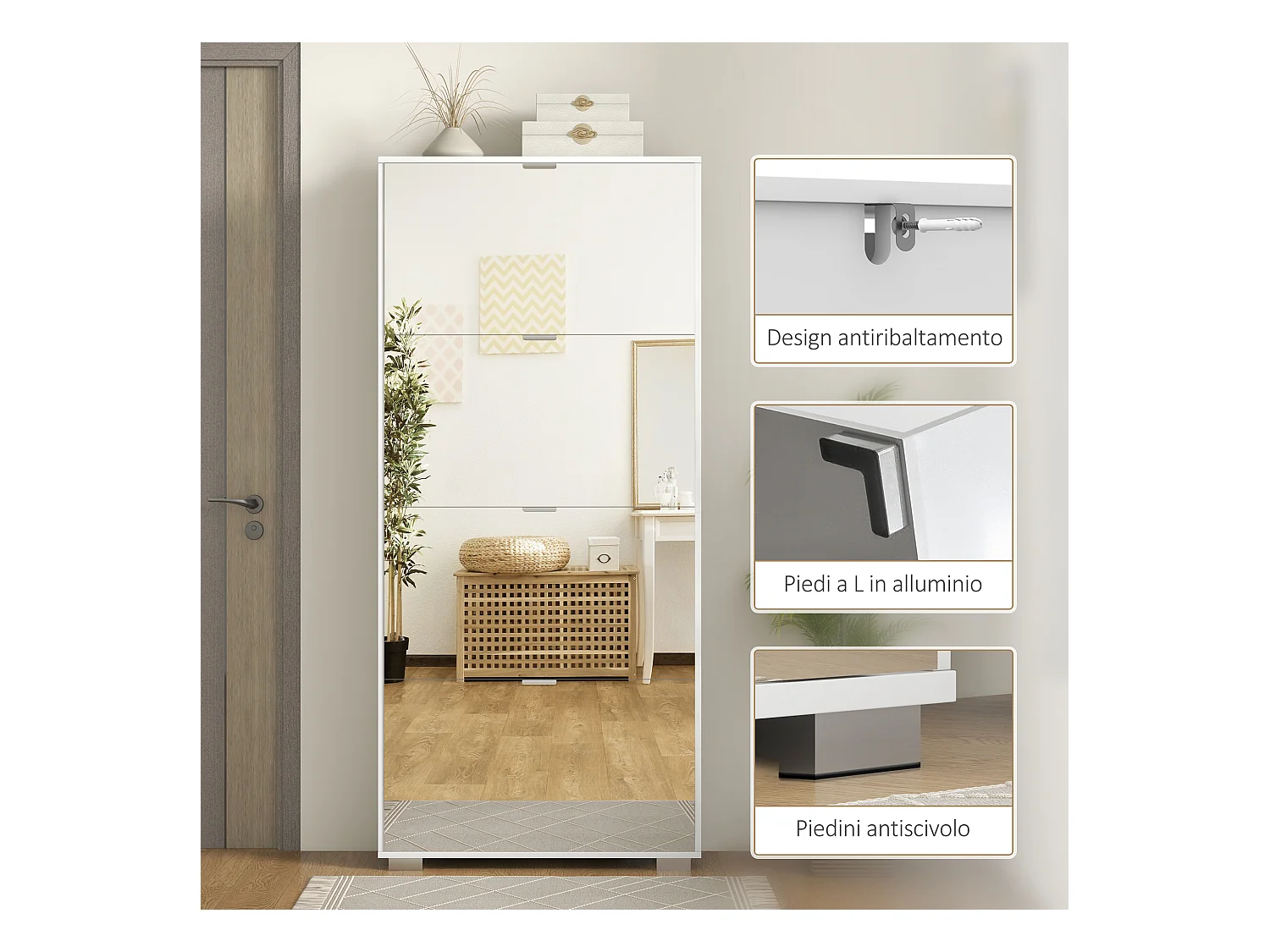 Scarpiera salvaspazio slim con specchio e 4 cassetti per 24 scarpe