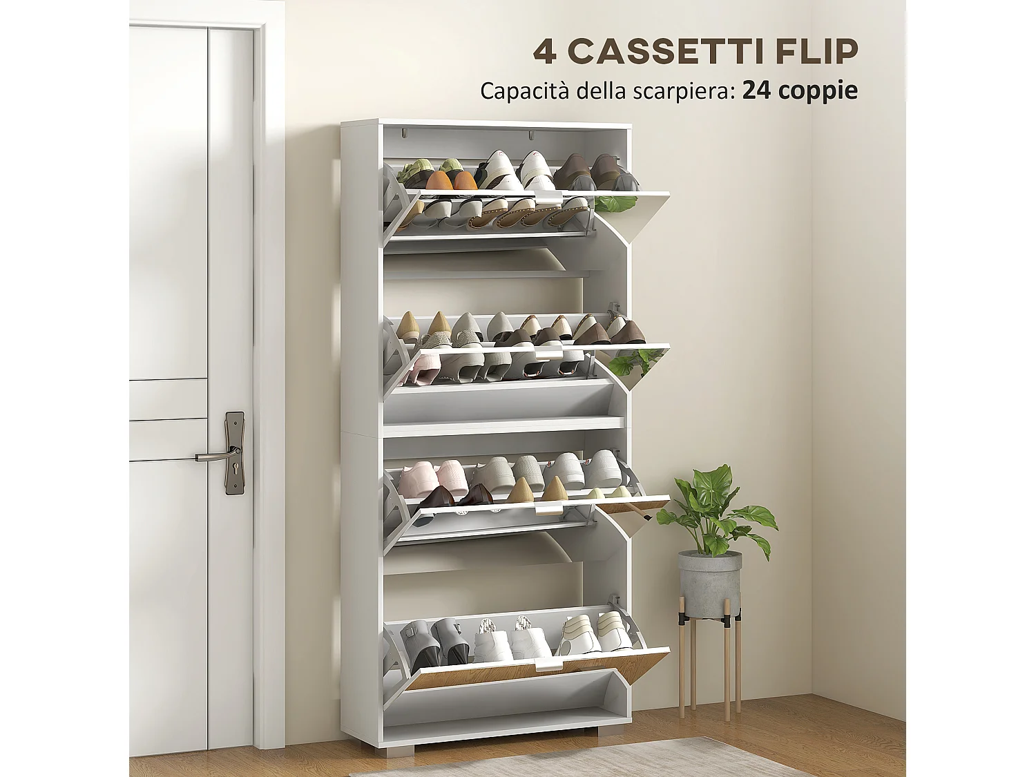 Scarpiera salvaspazio slim con specchio e 4 cassetti per 24 scarpe