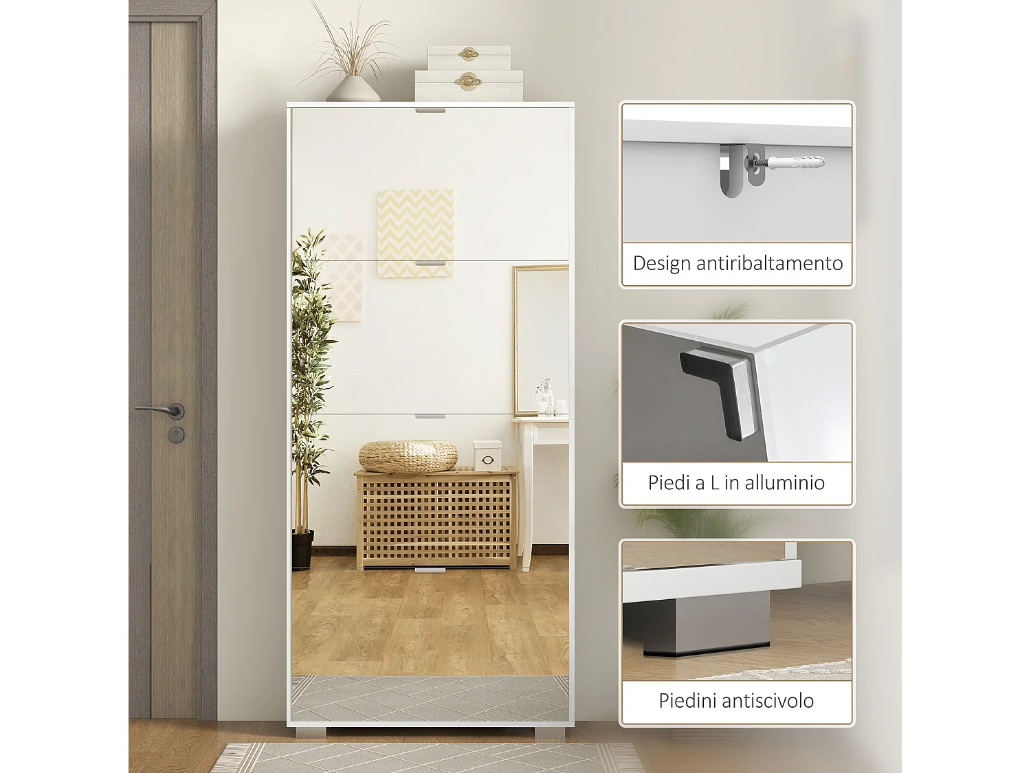 Scarpiera salvaspazio slim con specchio e 4 cassetti per 24 scarpe