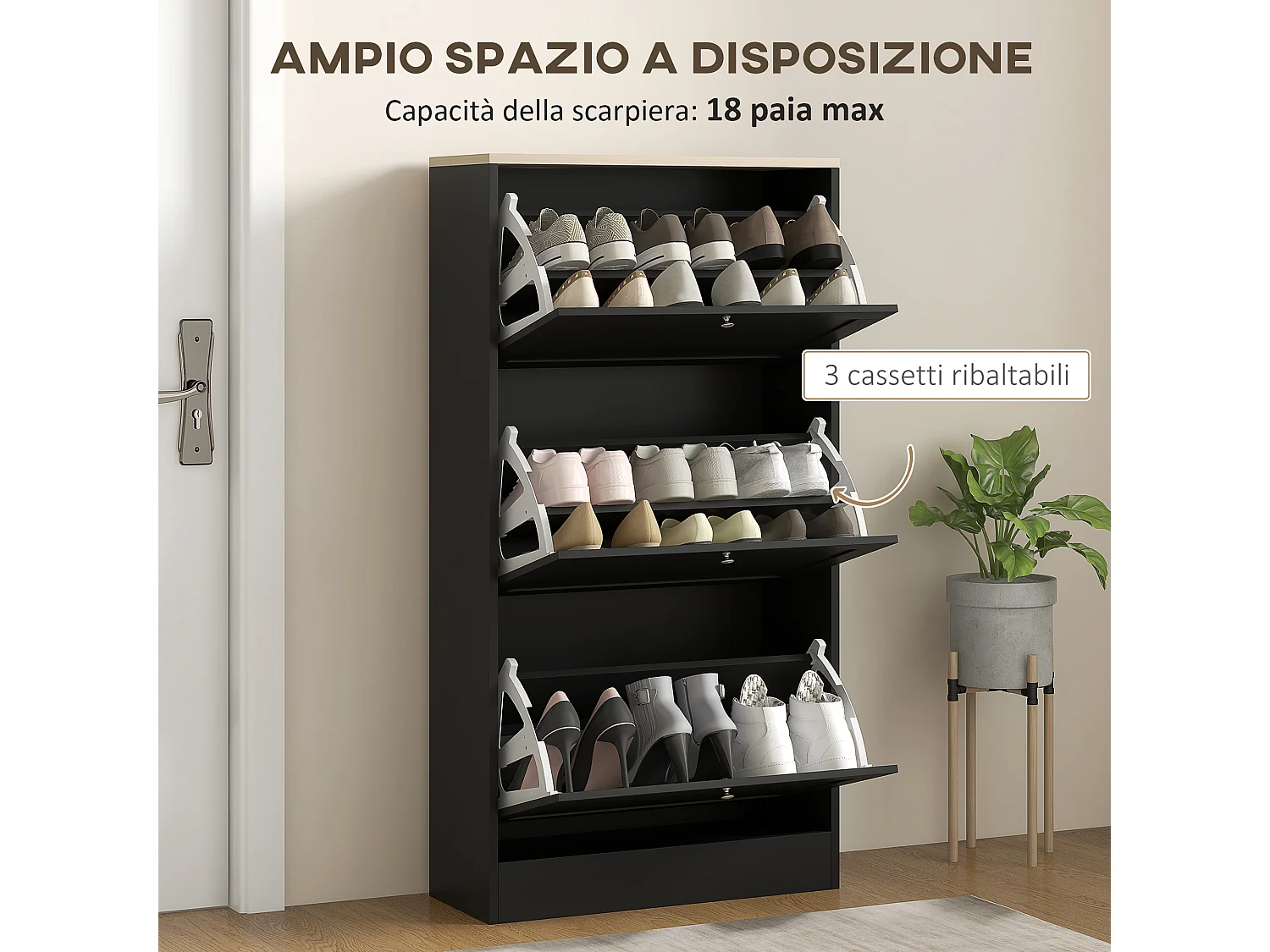 Scarpiera salvaspazio 3 cassetti con ripiani regolabili in legno nera