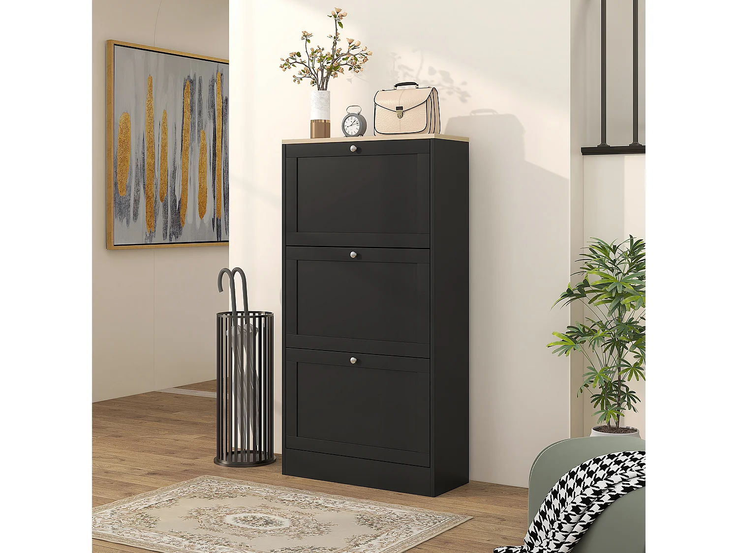 Scarpiera salvaspazio 3 cassetti con ripiani regolabili in legno nera