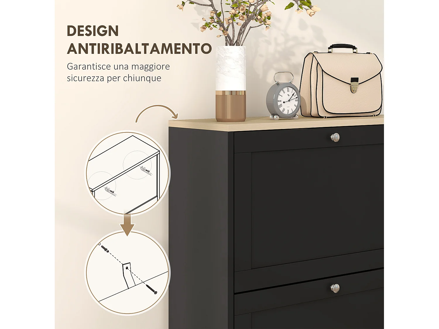 Scarpiera salvaspazio 3 cassetti con ripiani regolabili in legno nera