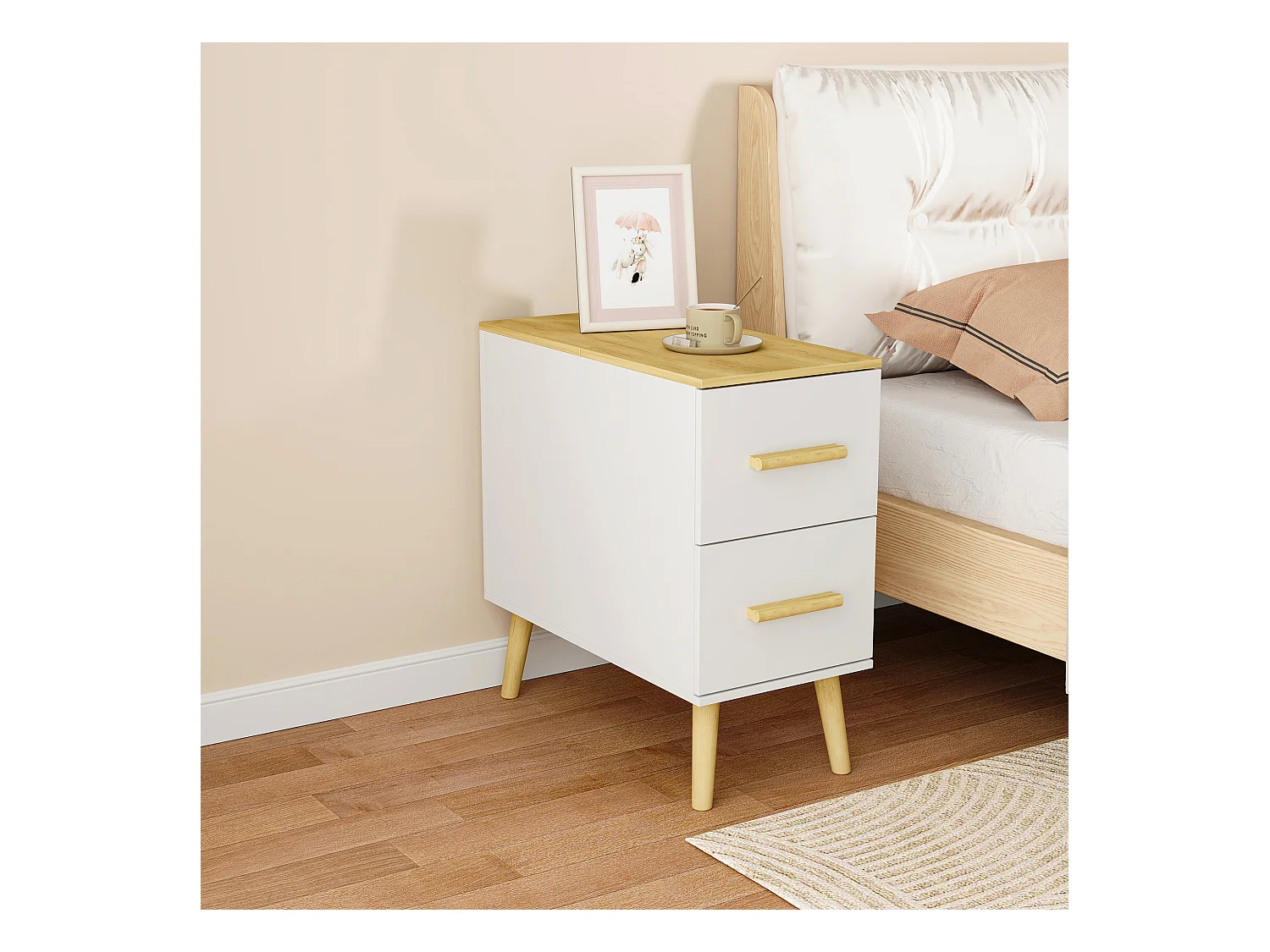 Table de Chevet Moderne avec 2 Tiroirs et 1 Porte pour Chambre et Salle de Séjour, 60 x 30 x 59.3 CM, Blanc