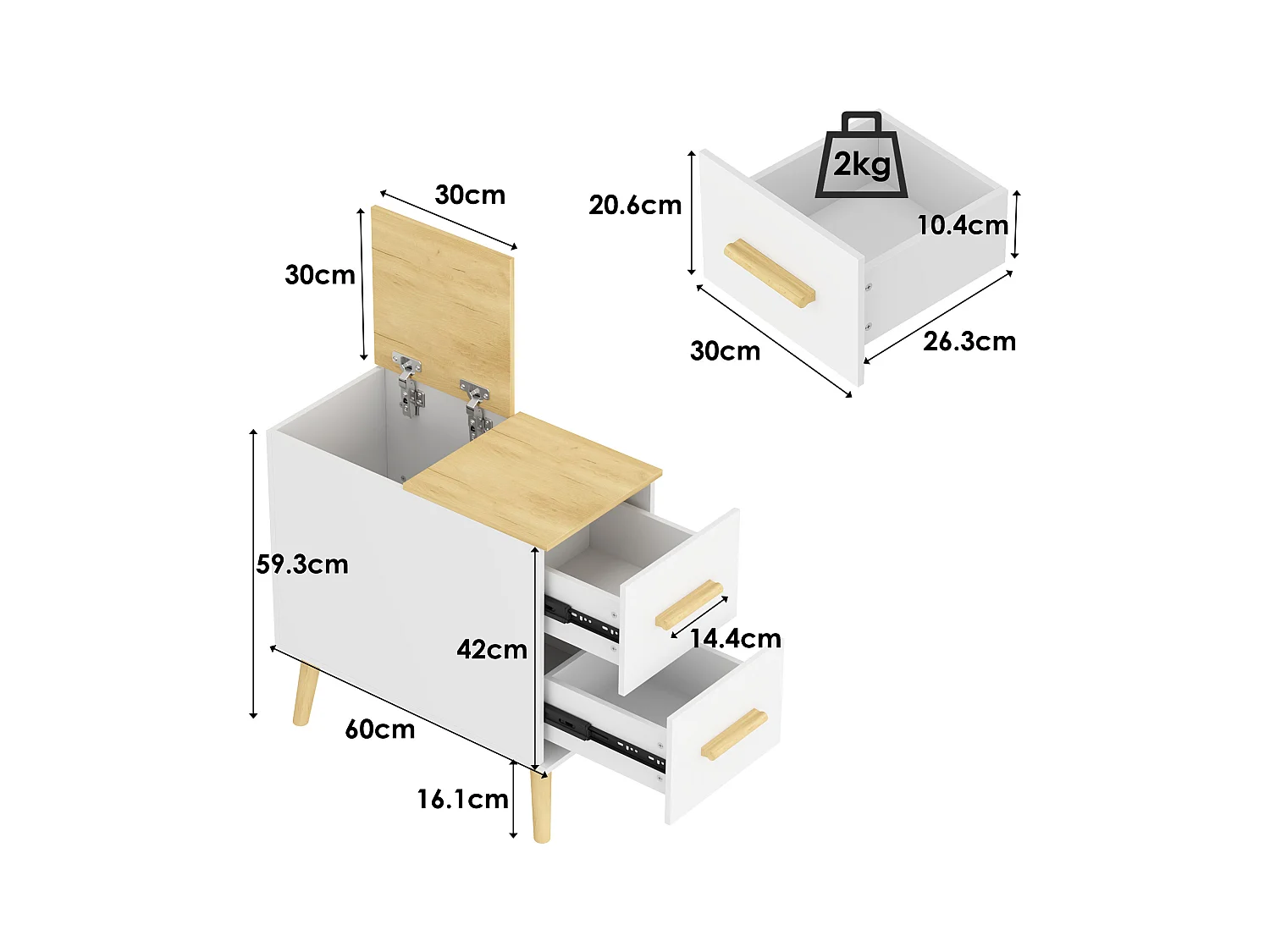 Table de Chevet Moderne avec 2 Tiroirs et 1 Porte pour Chambre et Salle de Séjour, 60 x 30 x 59.3 CM, Blanc