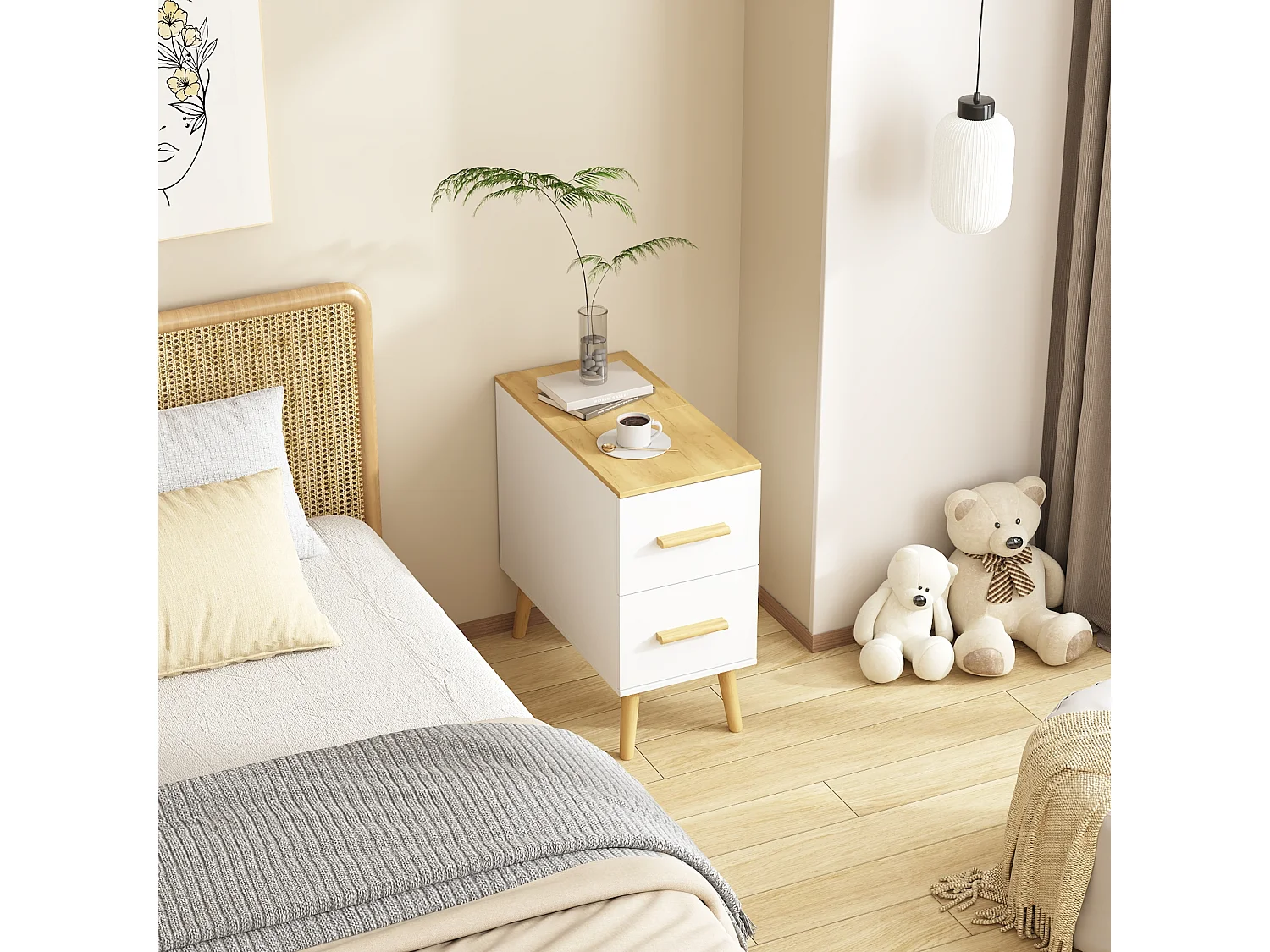 Table de Chevet Moderne avec 2 Tiroirs et 1 Porte pour Chambre et Salle de Séjour, 60 x 30 x 59.3 CM, Blanc