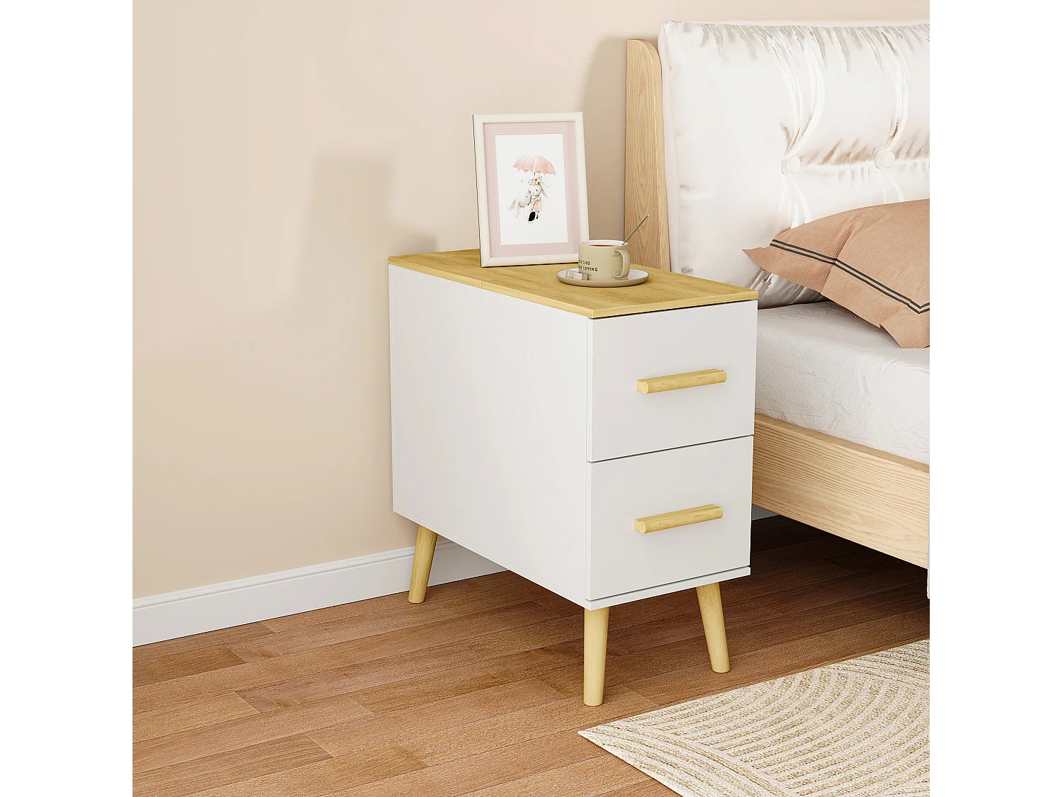 Table de Chevet Moderne avec 2 Tiroirs et 1 Porte pour Chambre et Salle de Séjour, 60 x 30 x 59.3 CM, Blanc