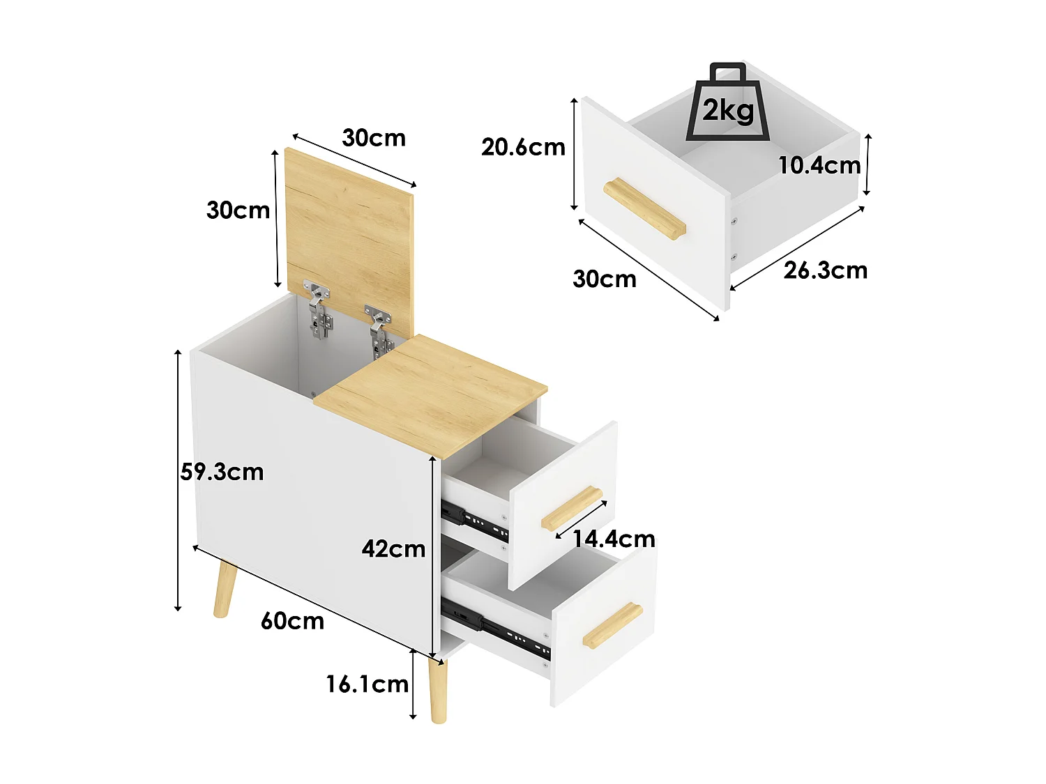 Table de Chevet Moderne avec 2 Tiroirs et 1 Porte pour Chambre et Salle de Séjour, 60 x 30 x 59.3 CM, Blanc
