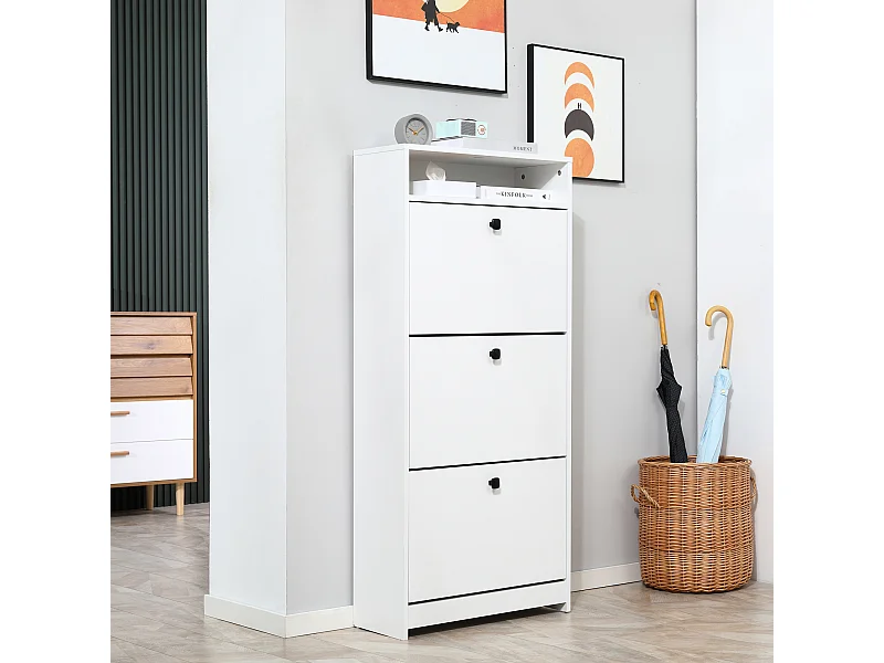 Scarpiera salvaspazio a 3 ante per 18 paia di scarpe in legno bianco