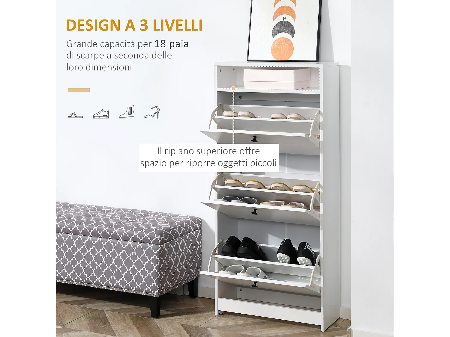 Scarpiera salvaspazio a 3 ante per 18 paia di scarpe in legno bianco