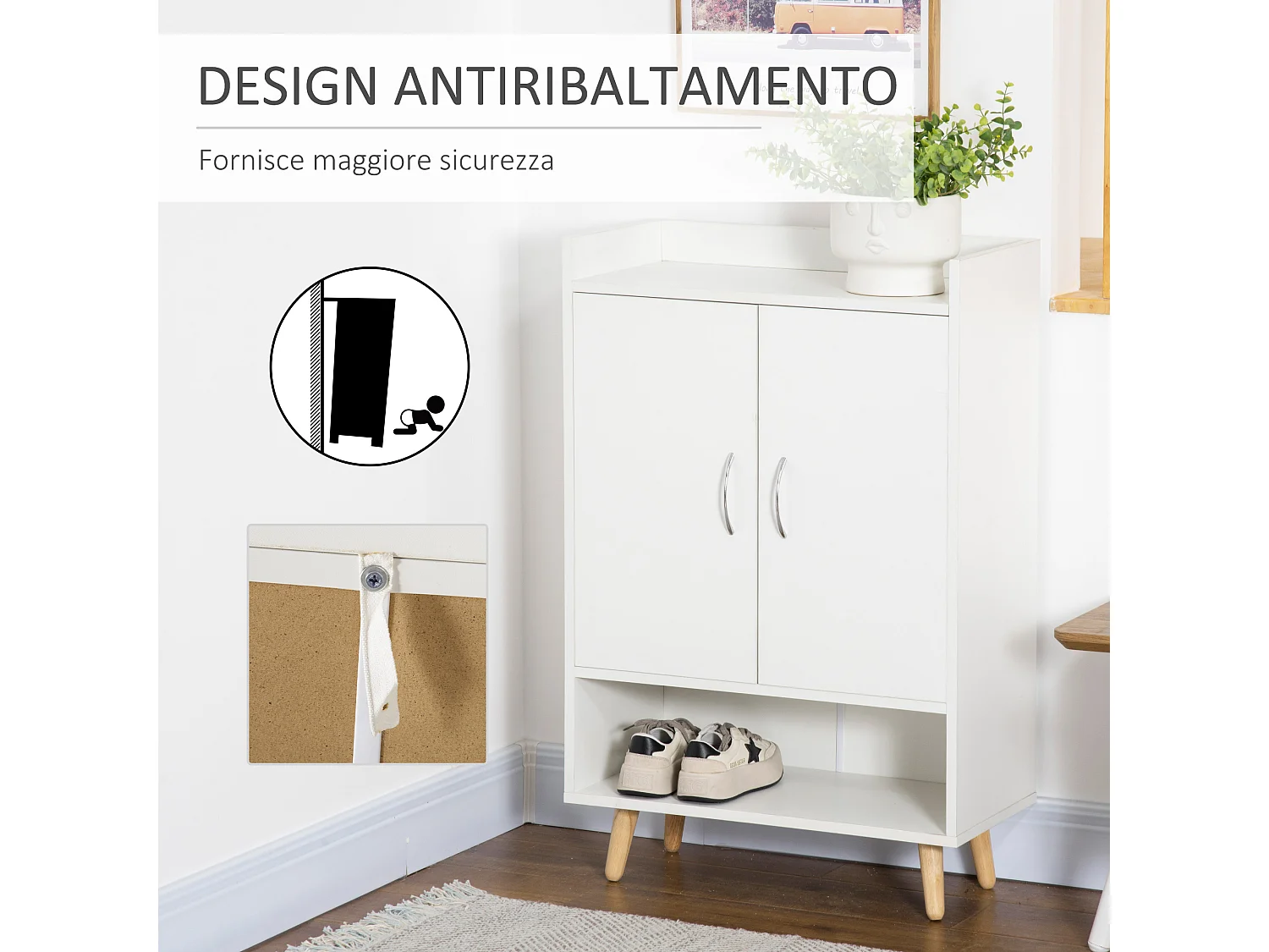 Mobile scarpiera salvaspazio con ripiano aperto bianco