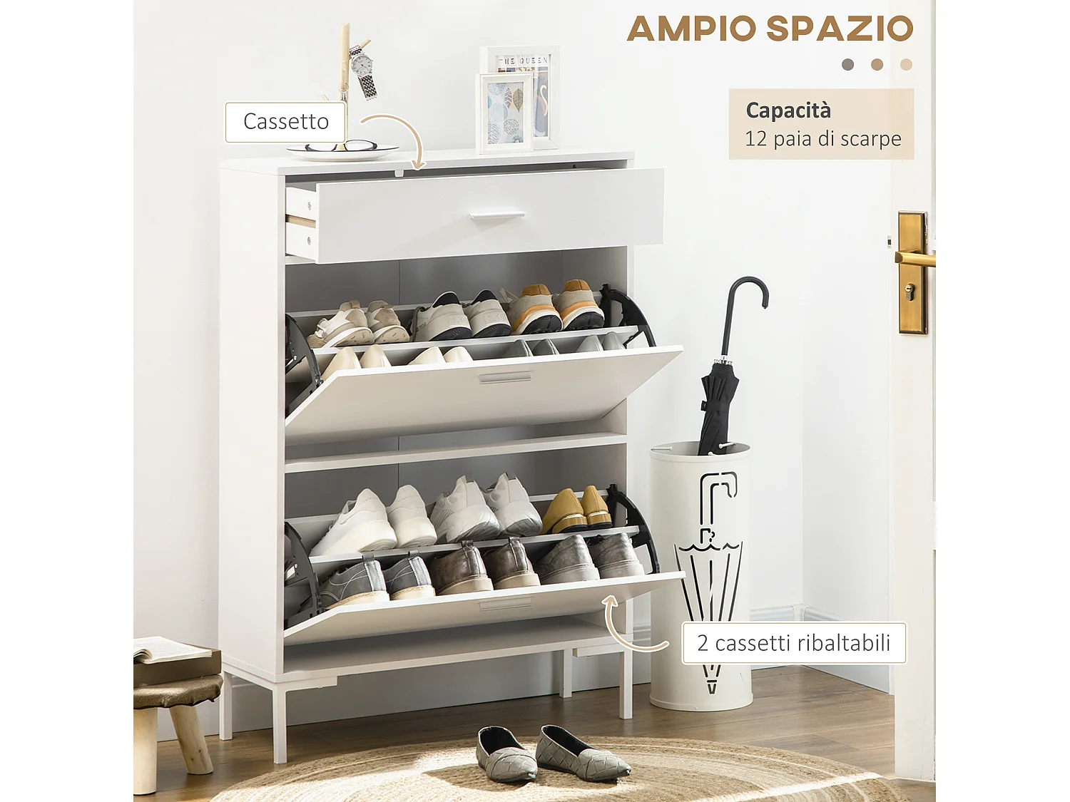 Mobile scarpiera 12 paia con 2 ante a ribalta e cassetto bianco