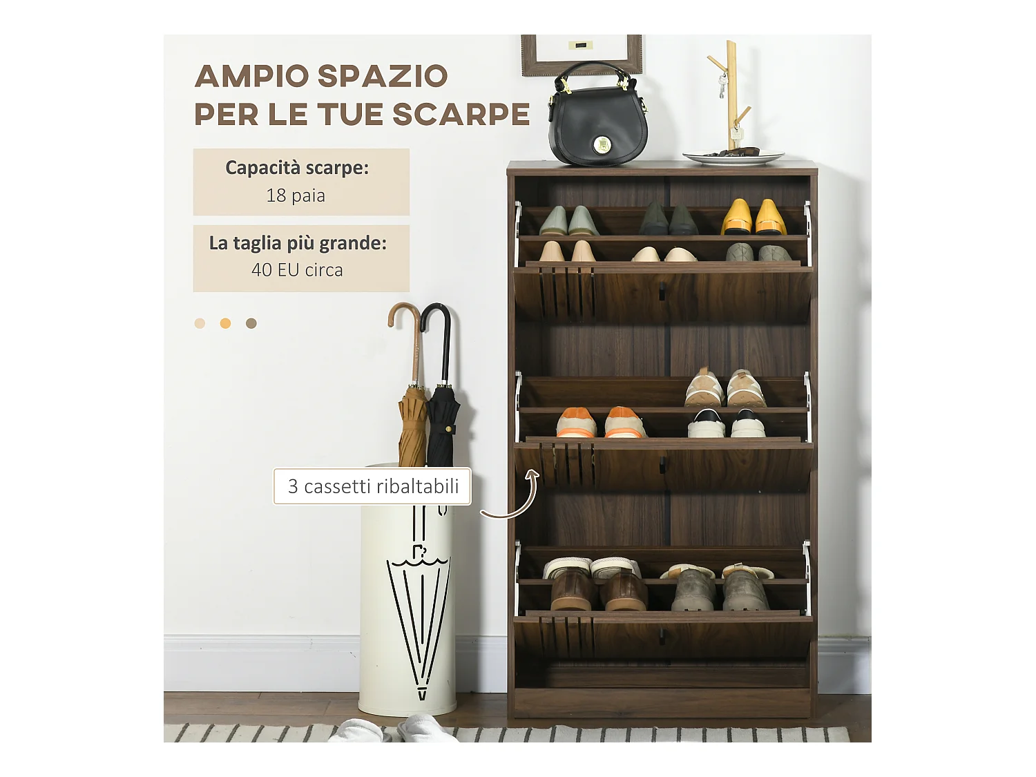 Mobile scarpiera a 3 livelli con ripiani interni regolabili