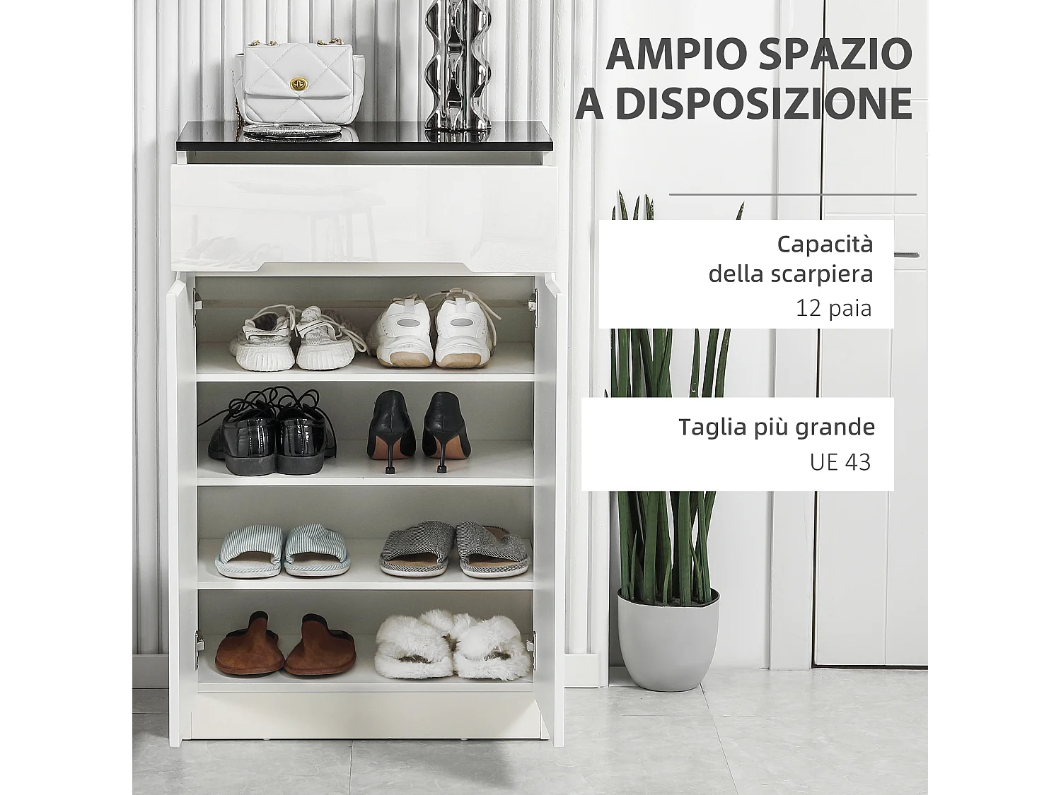 Scarpiera slim per ingressi con 3 ripiani regolabili e cassetto