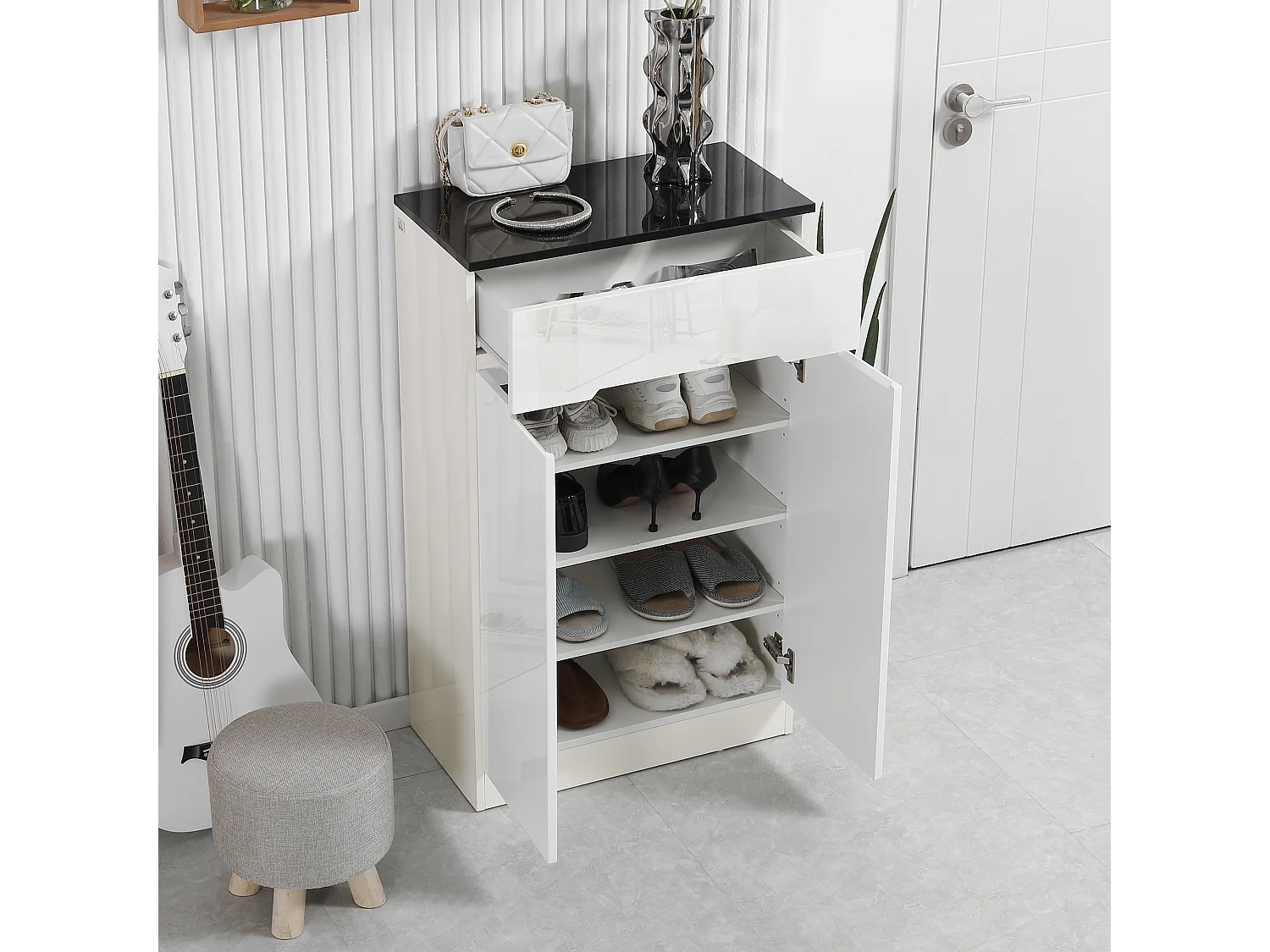 Scarpiera slim per ingressi con 3 ripiani regolabili e cassetto